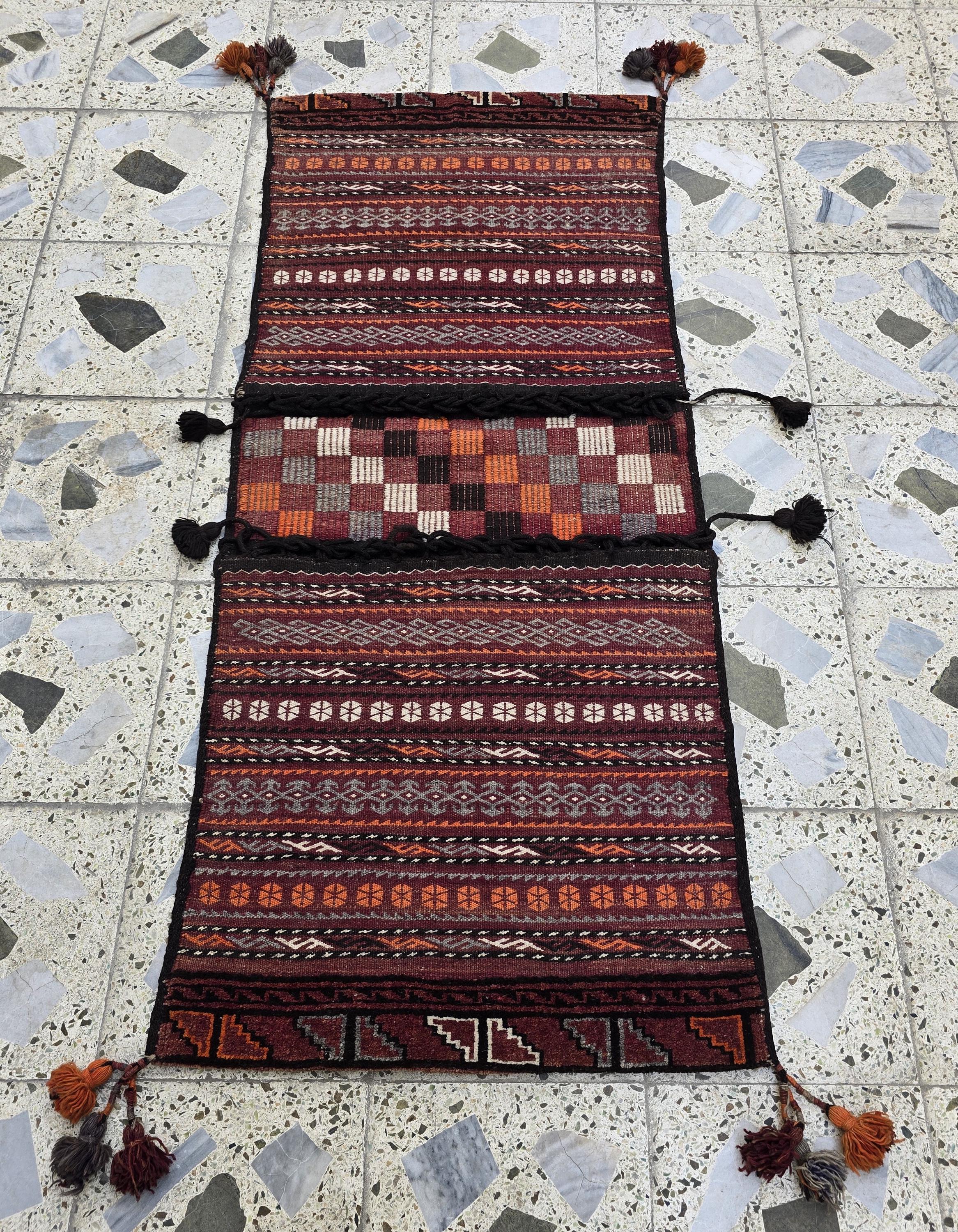 Tribal Afghan Saddlebag Rug – Vintage 4.9x2.1ft – Handmade Wool Bag for Horse, Camel, Wall Hanging