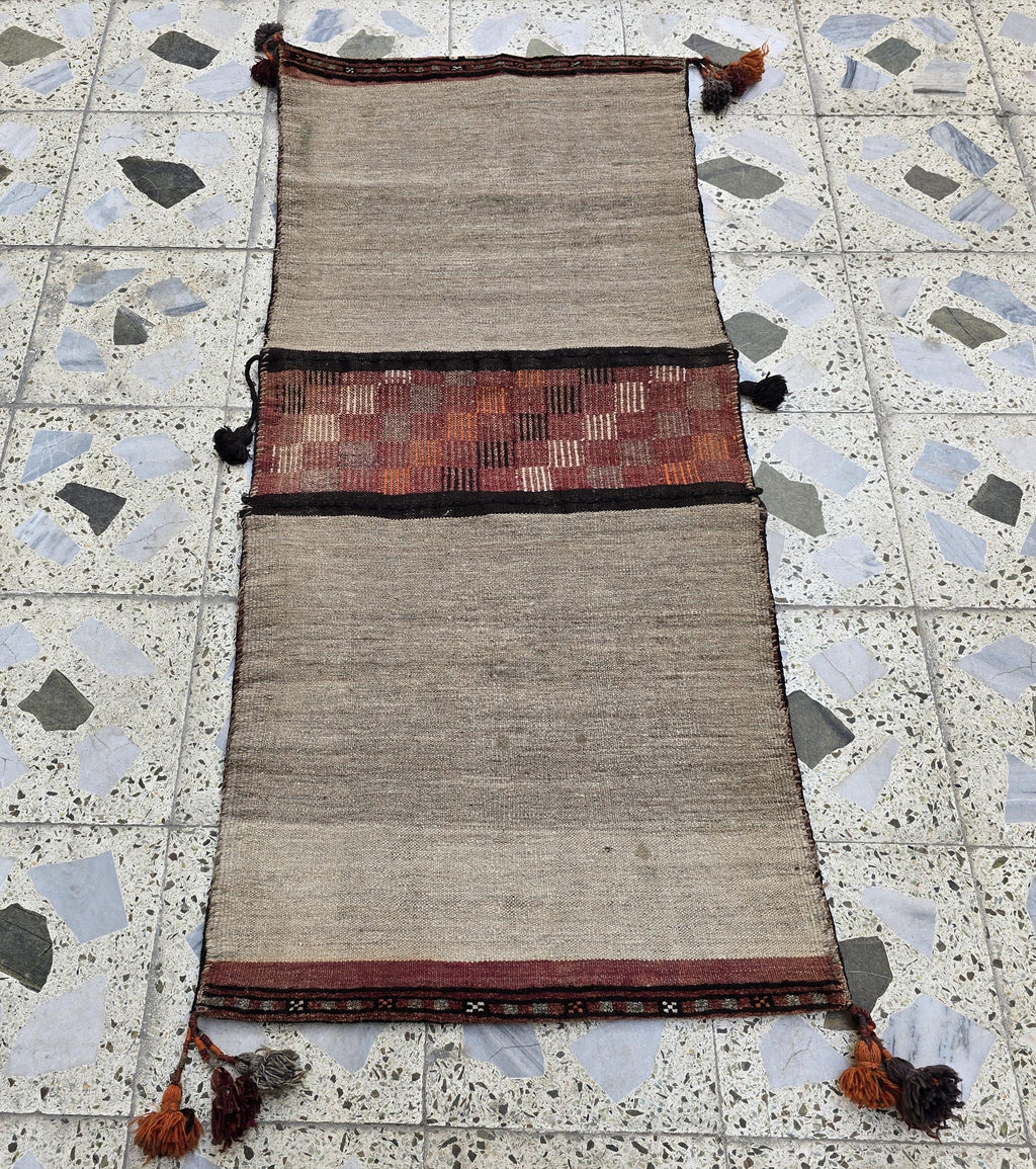 Tribal Afghan Saddlebag Rug – Vintage 4.9x2.1ft – Handmade Wool Bag for Horse, Camel, Wall Hanging