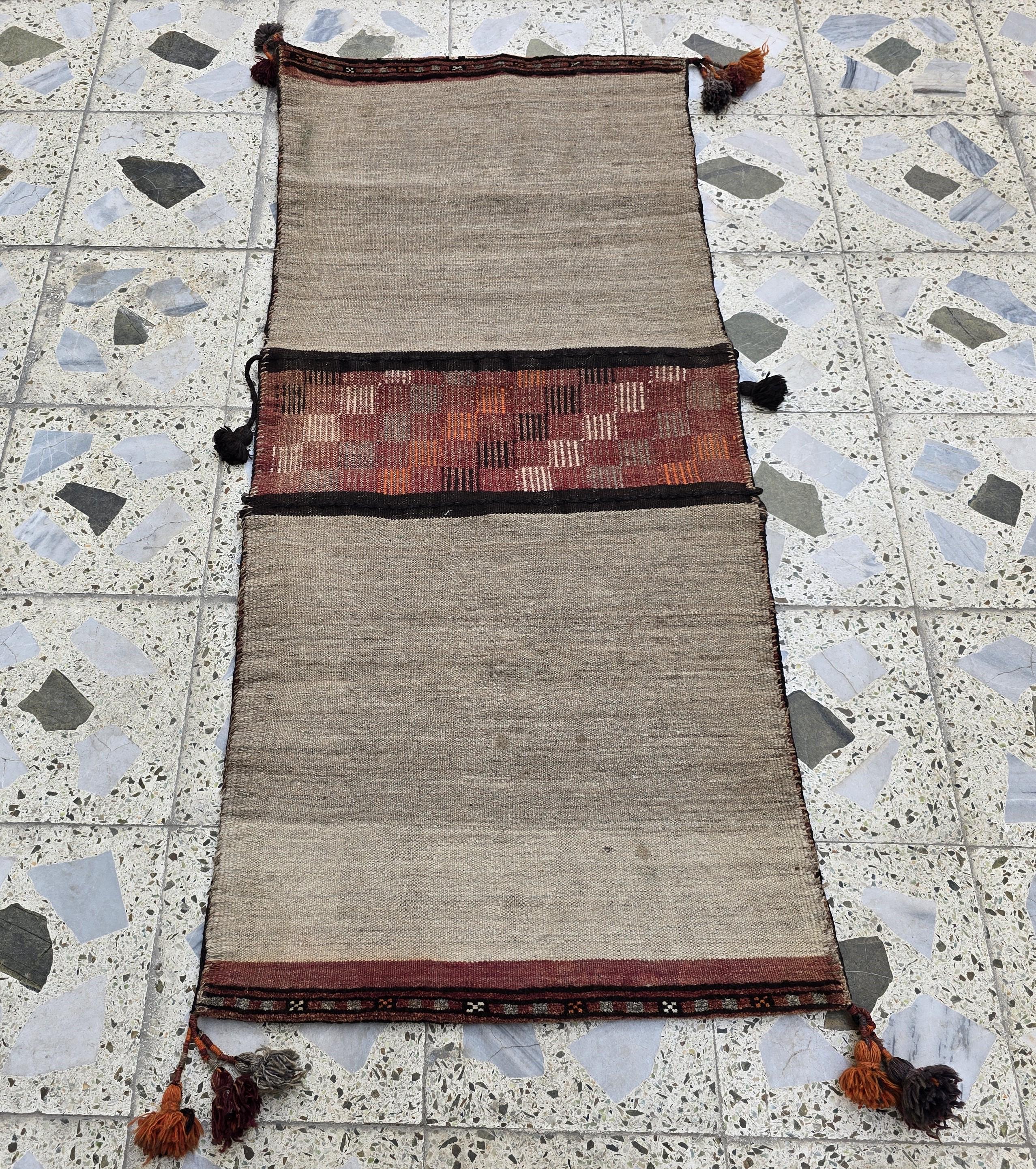 Tribal Afghan Saddlebag Rug – Vintage 4.9x2.1ft – Handmade Wool Bag for Horse, Camel, Wall Hanging