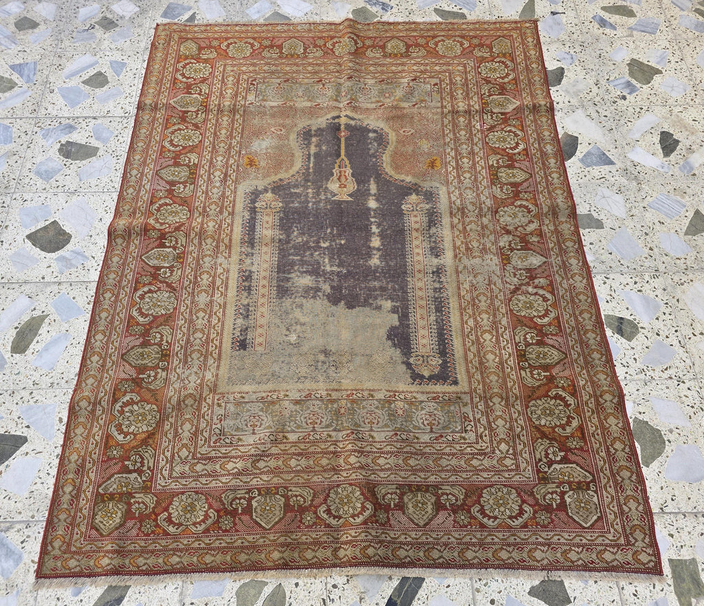 Antique Prayer Rug 5.5x4.2ft – Handmade Wool Rug with Mihrab & Hanging Lamp – Vintage Islamic Carpet Red Purple Aged Patina, 100 year old