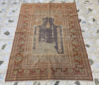 Antique Prayer Rug 5.5x4.2ft – Handmade Wool Rug with Mihrab & Hanging Lamp – Vintage Islamic Carpet Red Purple Aged Patina, 100 year old