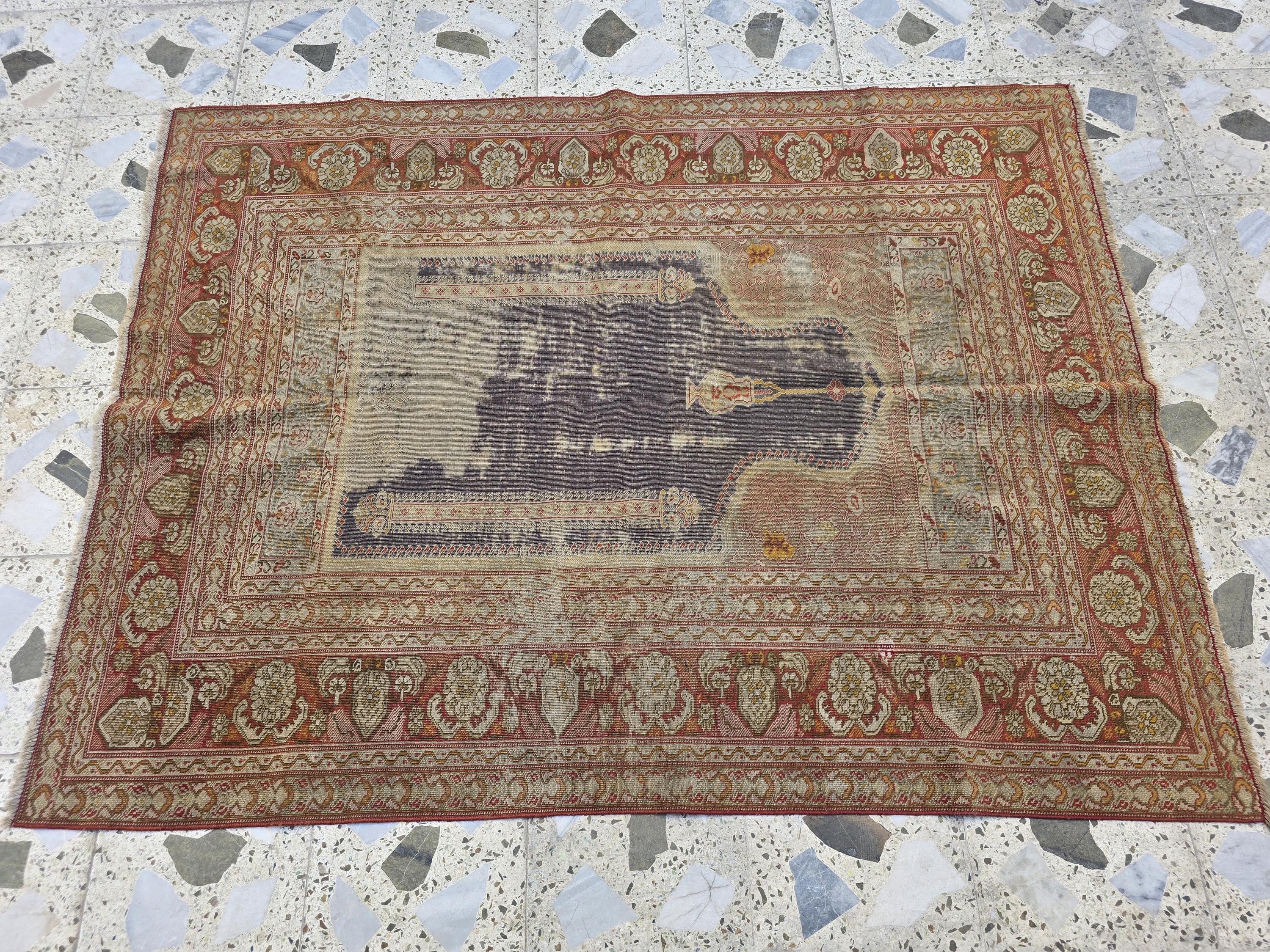 Antique Prayer Rug 5.5x4.2ft – Handmade Wool Rug with Mihrab & Hanging Lamp – Vintage Islamic Carpet Red Purple Aged Patina, 100 year old