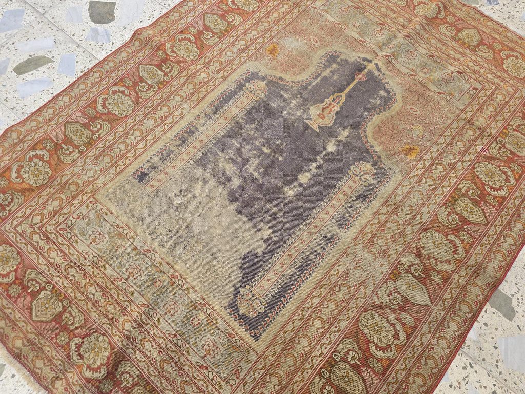 Antique Prayer Rug 5.5x4.2ft – Handmade Wool Rug with Mihrab & Hanging Lamp – Vintage Islamic Carpet Red Purple Aged Patina, 100 year old