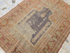 Antique Prayer Rug 5.5x4.2ft – Handmade Wool Rug with Mihrab & Hanging Lamp – Vintage Islamic Carpet Red Purple Aged Patina, 100 year old