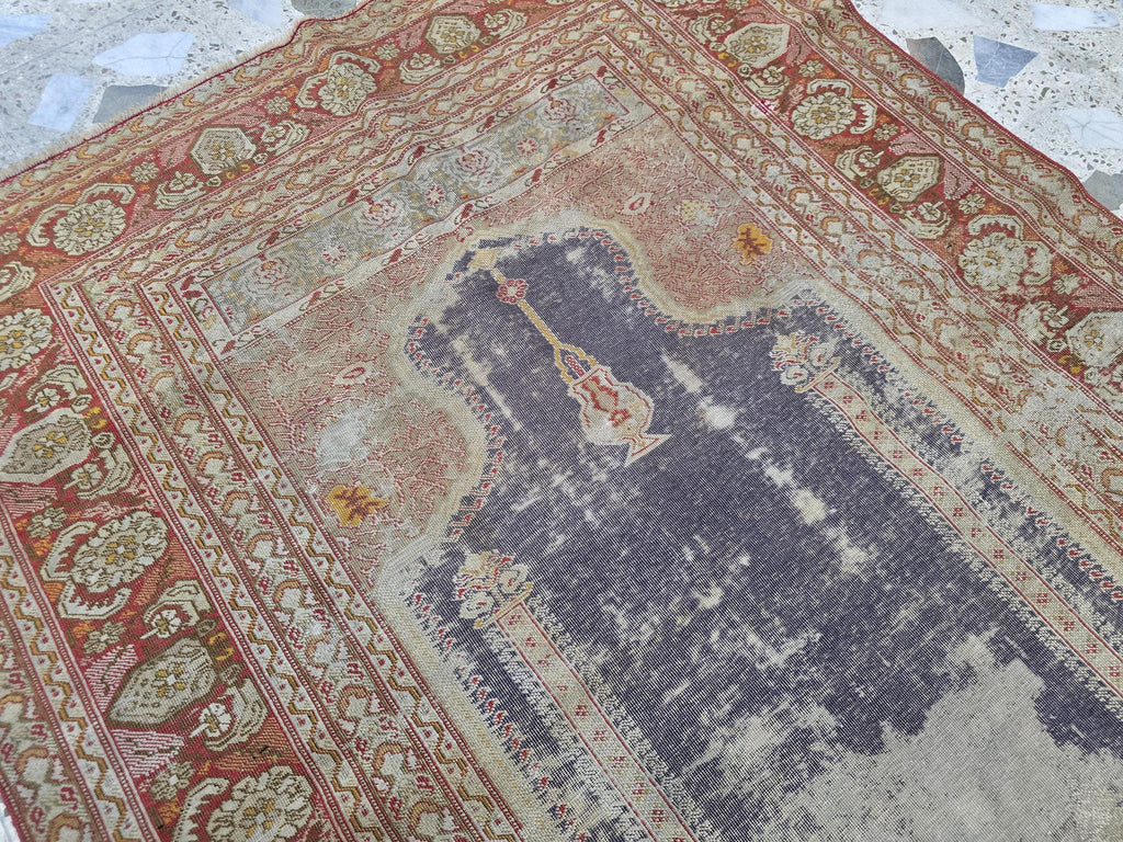 Antique Prayer Rug 5.5x4.2ft – Handmade Wool Rug with Mihrab & Hanging Lamp – Vintage Islamic Carpet Red Purple Aged Patina, 100 year old