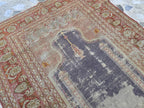 Antique Prayer Rug 5.5x4.2ft – Handmade Wool Rug with Mihrab & Hanging Lamp – Vintage Islamic Carpet Red Purple Aged Patina, 100 year old
