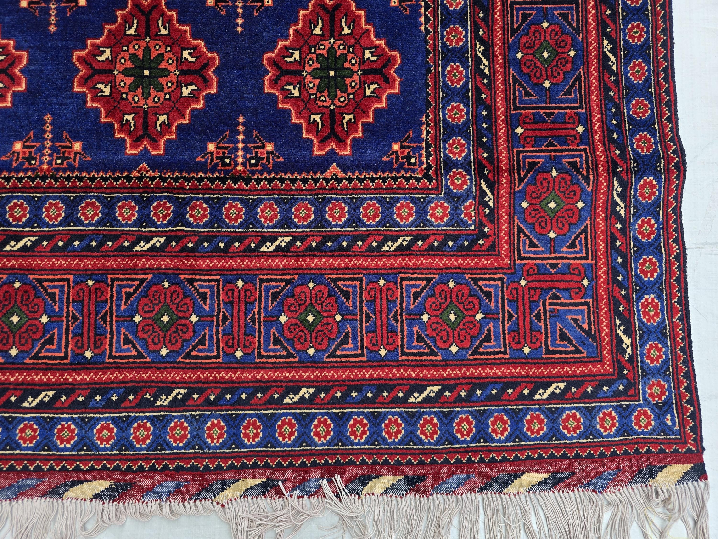 6x10 Turkmen Handwoven Large Bukhara Rug, Navy Blue and Red Geometric Wool Area Rug, High Pile Rug, Rug for Living Room, Bedroom Rug 296x196