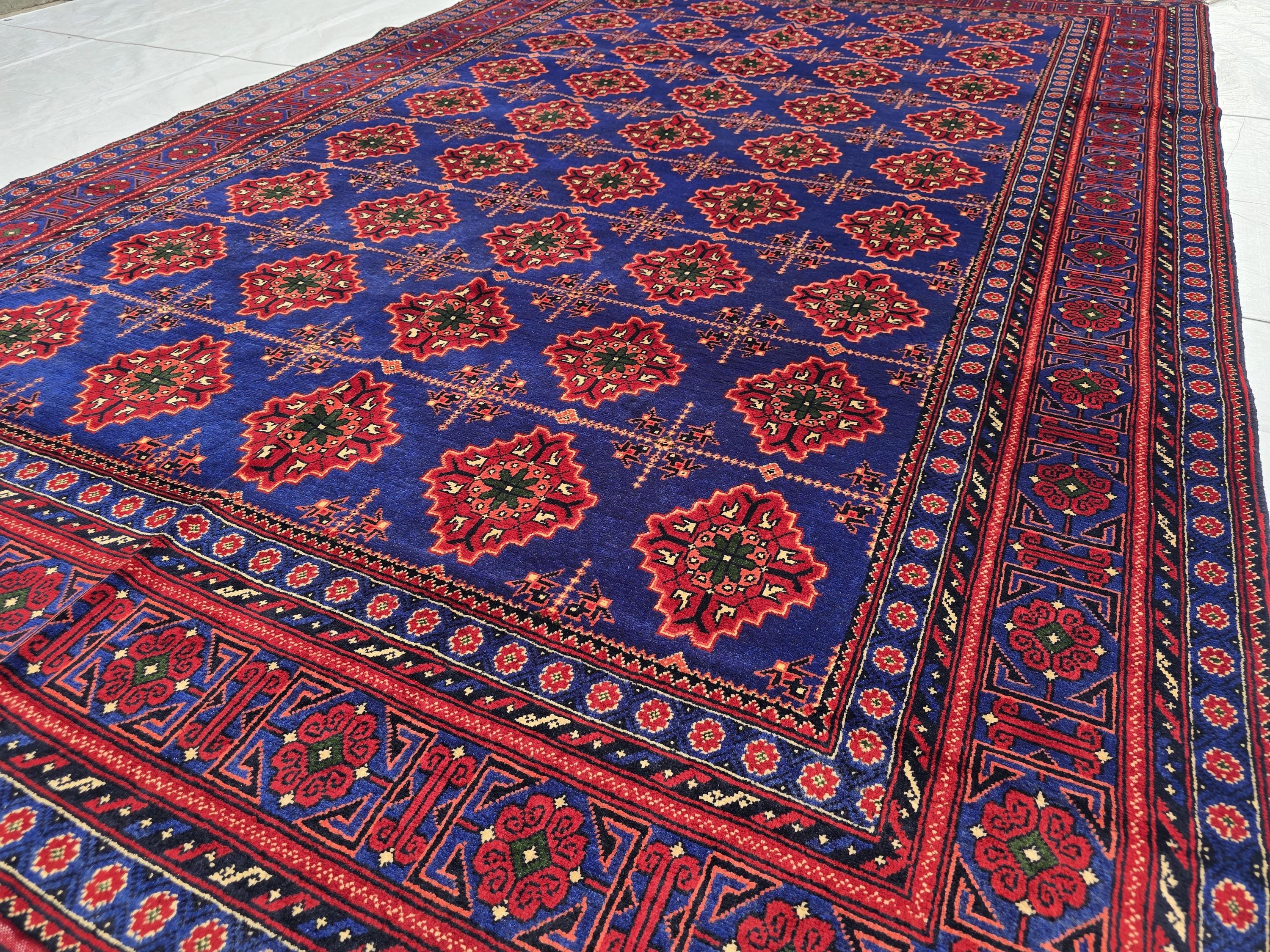 6x10 Turkmen Handwoven Large Bukhara Rug, Navy Blue and Red Geometric Wool Area Rug, High Pile Rug, Rug for Living Room, Bedroom Rug 296x196