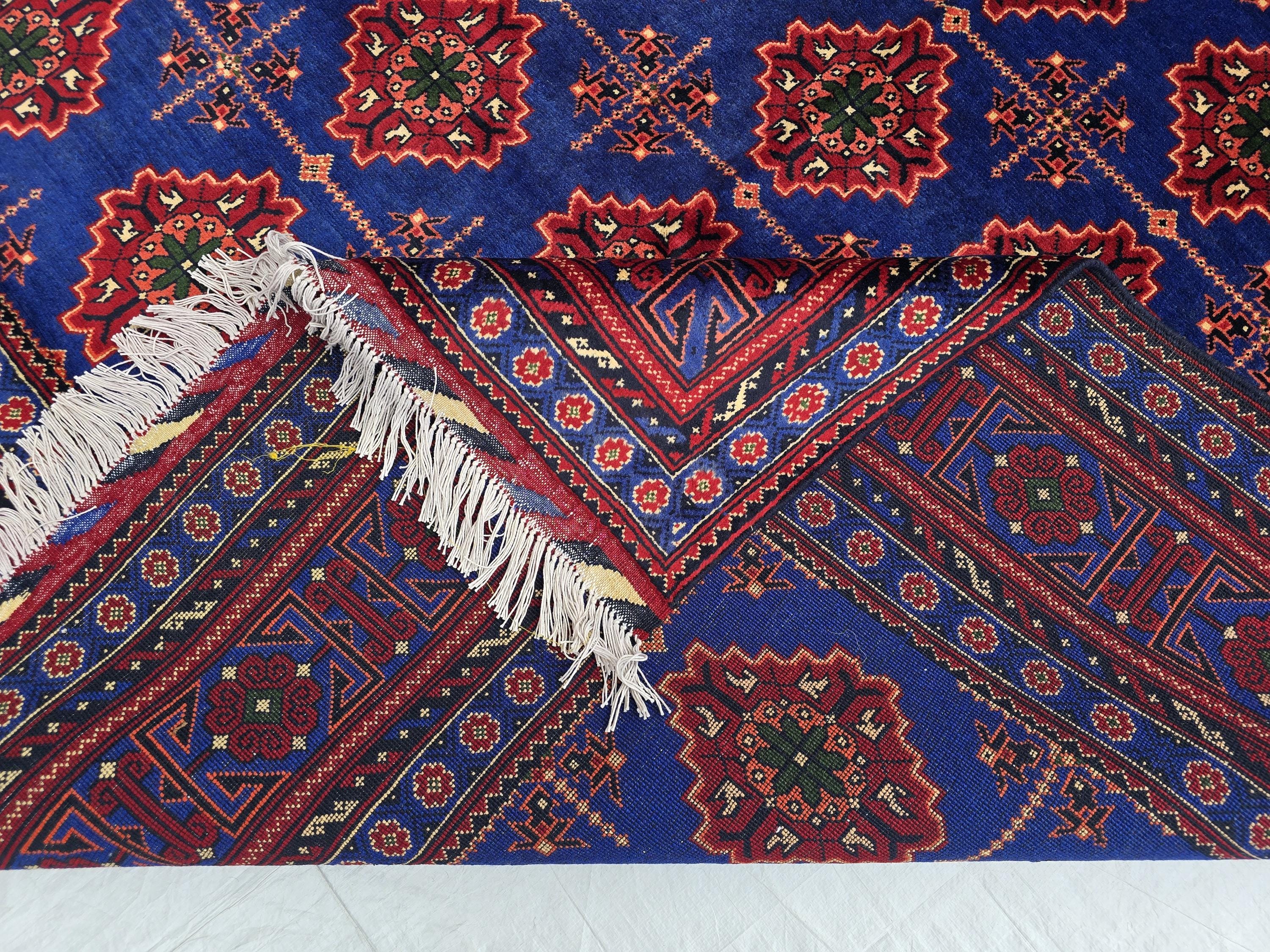 6x10 Turkmen Handwoven Large Bukhara Rug, Navy Blue and Red Geometric Wool Area Rug, High Pile Rug, Rug for Living Room, Bedroom Rug 296x196