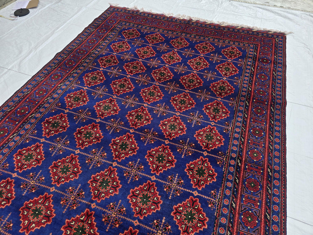 6x10 Turkmen Handwoven Large Bukhara Rug, Navy Blue and Red Geometric Wool Area Rug, High Pile Rug, Rug for Living Room, Bedroom Rug 296x196
