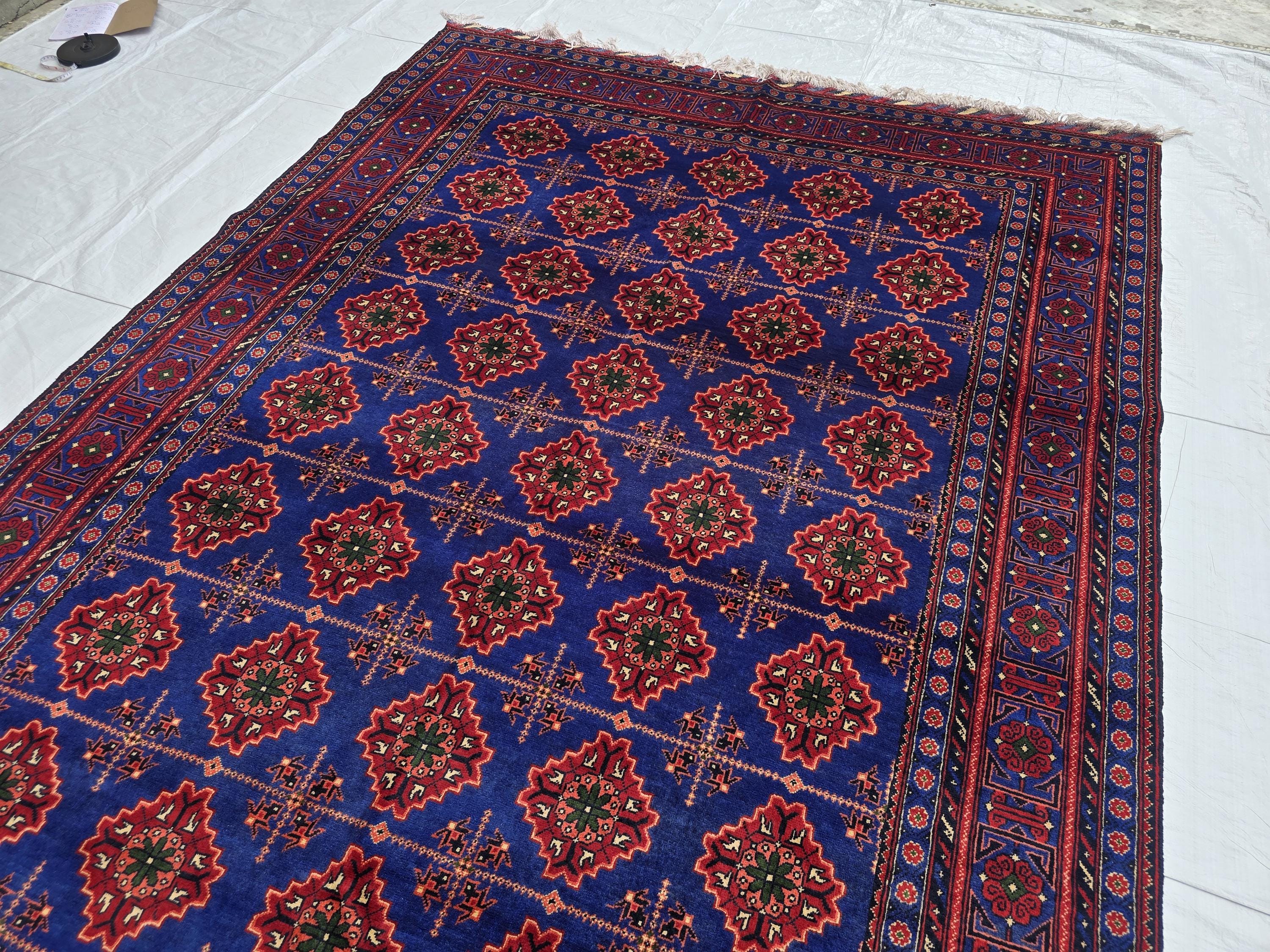 6x10 Turkmen Handwoven Large Bukhara Rug, Navy Blue and Red Geometric Wool Area Rug, High Pile Rug, Rug for Living Room, Bedroom Rug 296x196