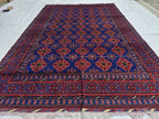 6x10 Turkmen Handwoven Large Bukhara Rug, Navy Blue and Red Geometric Wool Area Rug, High Pile Rug, Rug for Living Room, Bedroom Rug 296x196