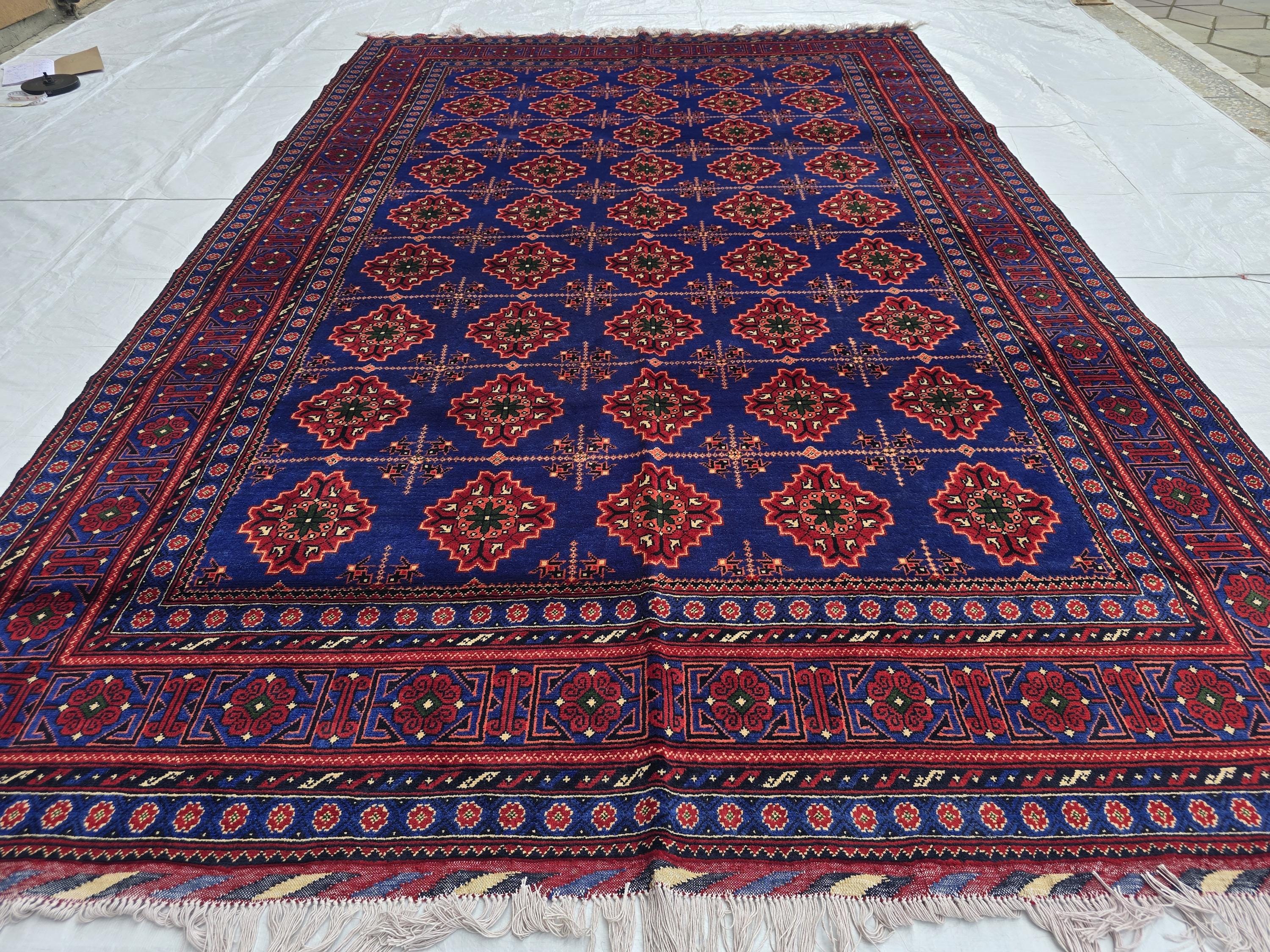 6x10 Turkmen Handwoven Large Bukhara Rug, Navy Blue and Red Geometric Wool Area Rug, High Pile Rug, Rug for Living Room, Bedroom Rug 296x196