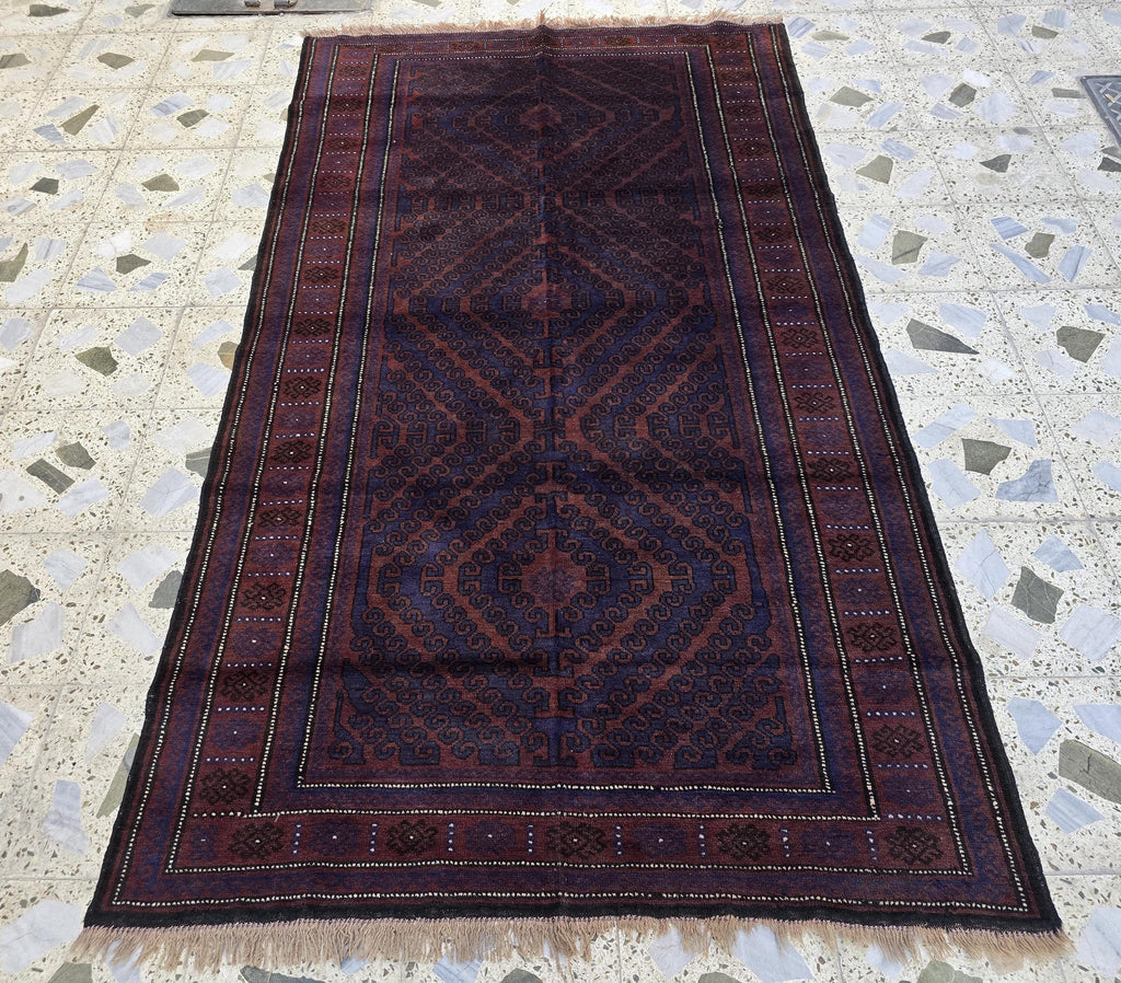 4x8 Vintage Baluchi Handmade Rug, Turkmen Handcraft Wool Area Rug, Blue and Brown Geometric Rug, Perfect for Hallway, Entryway