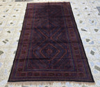 4x8 Vintage Baluchi Handmade Rug, Turkmen Handcraft Wool Area Rug, Blue and Brown Geometric Rug, Perfect for Hallway, Entryway