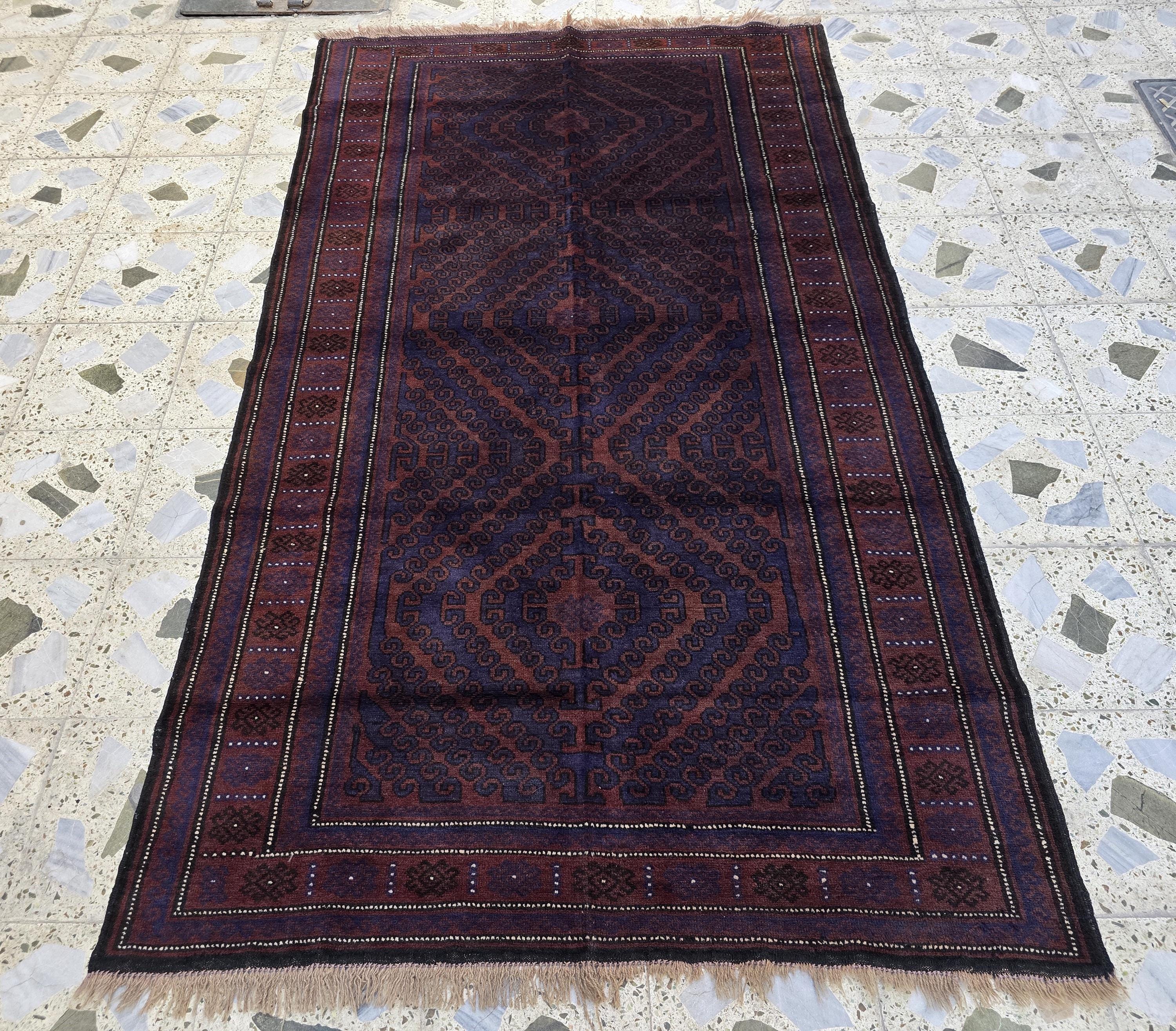 4x8 Vintage Baluchi Handmade Rug, Turkmen Handcraft Wool Area Rug, Blue and Brown Geometric Rug, Perfect for Hallway, Entryway