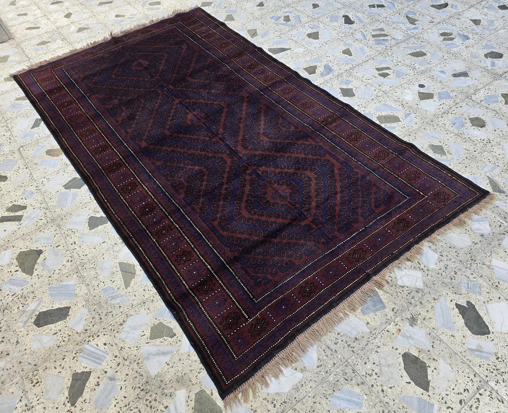 4x8 Vintage Baluchi Handmade Rug, Turkmen Handcraft Wool Area Rug, Blue and Brown Geometric Rug, Perfect for Hallway, Entryway