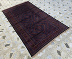 4x8 Vintage Baluchi Handmade Rug, Turkmen Handcraft Wool Area Rug, Blue and Brown Geometric Rug, Perfect for Hallway, Entryway