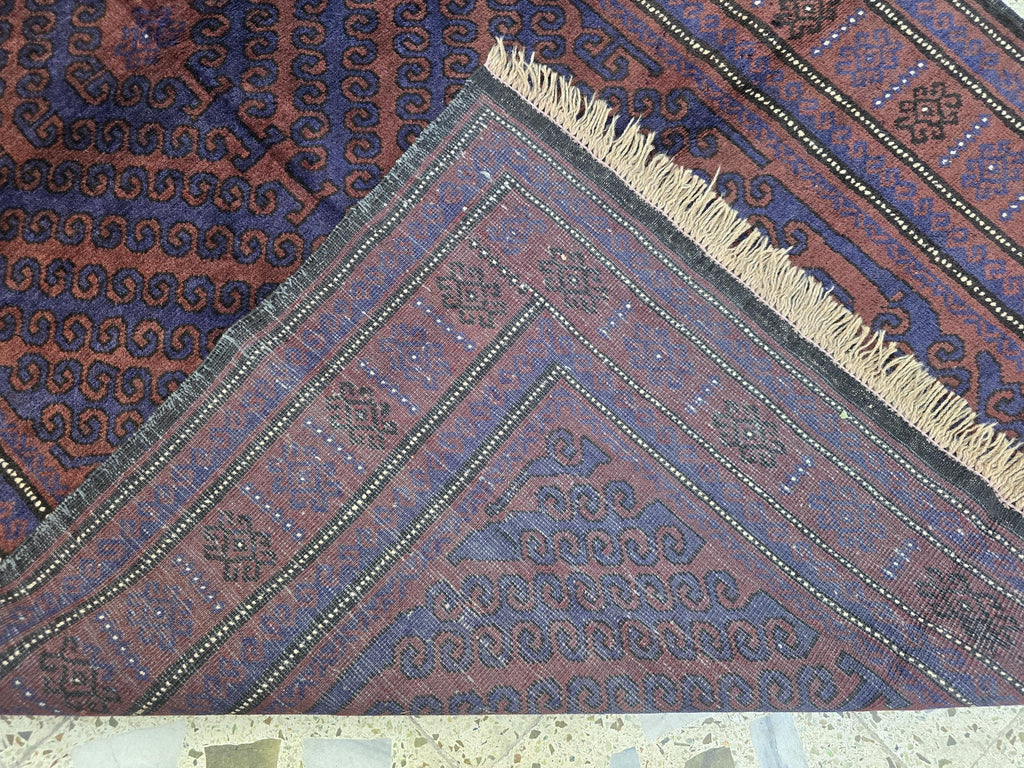 4x8 Vintage Baluchi Handmade Rug, Turkmen Handcraft Wool Area Rug, Blue and Brown Geometric Rug, Perfect for Hallway, Entryway