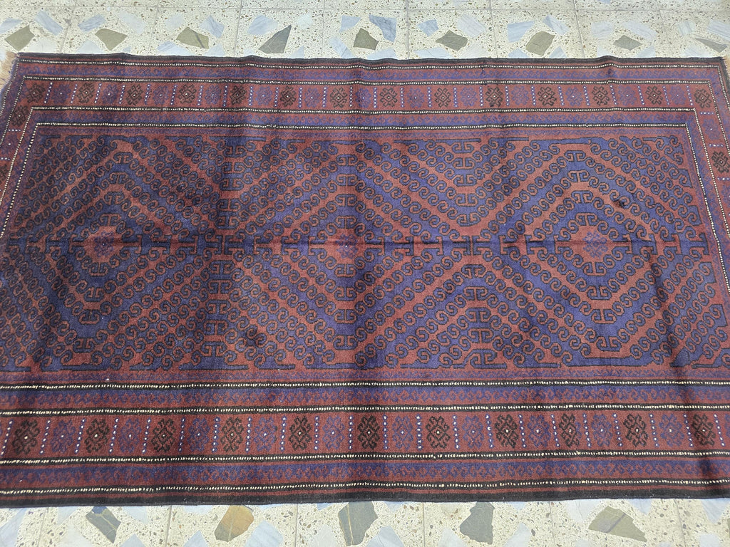 4x8 Vintage Baluchi Handmade Rug, Turkmen Handcraft Wool Area Rug, Blue and Brown Geometric Rug, Perfect for Hallway, Entryway