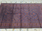 4x8 Vintage Baluchi Handmade Rug, Turkmen Handcraft Wool Area Rug, Blue and Brown Geometric Rug, Perfect for Hallway, Entryway