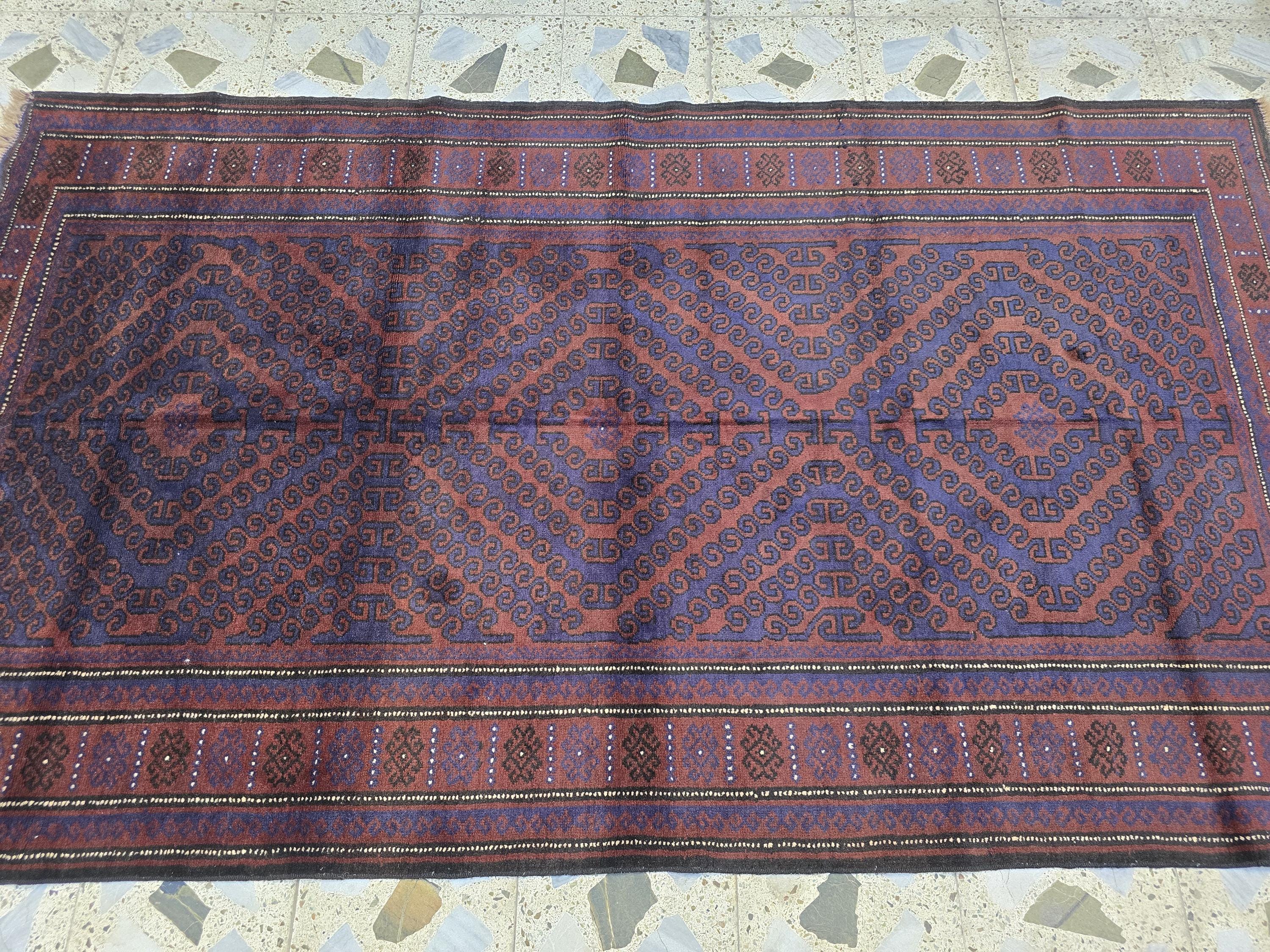 4x8 Vintage Baluchi Handmade Rug, Turkmen Handcraft Wool Area Rug, Blue and Brown Geometric Rug, Perfect for Hallway, Entryway