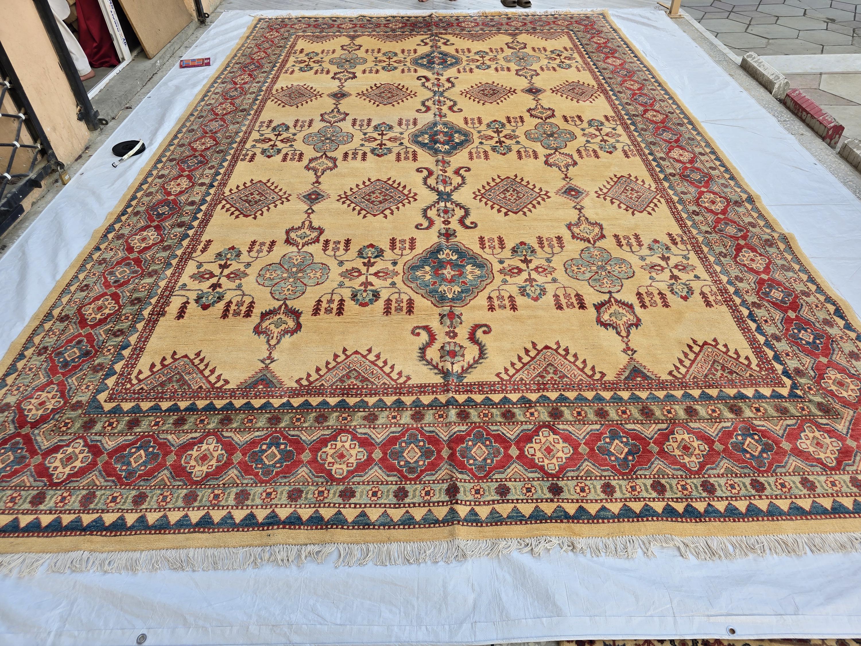 9x13ft Large Handmade Afghan Kazak Rug – Tribal Wool Carpet Red Blue Beige Colors – Turkmen Oriental Area Rug for Living Room Decor 386x285