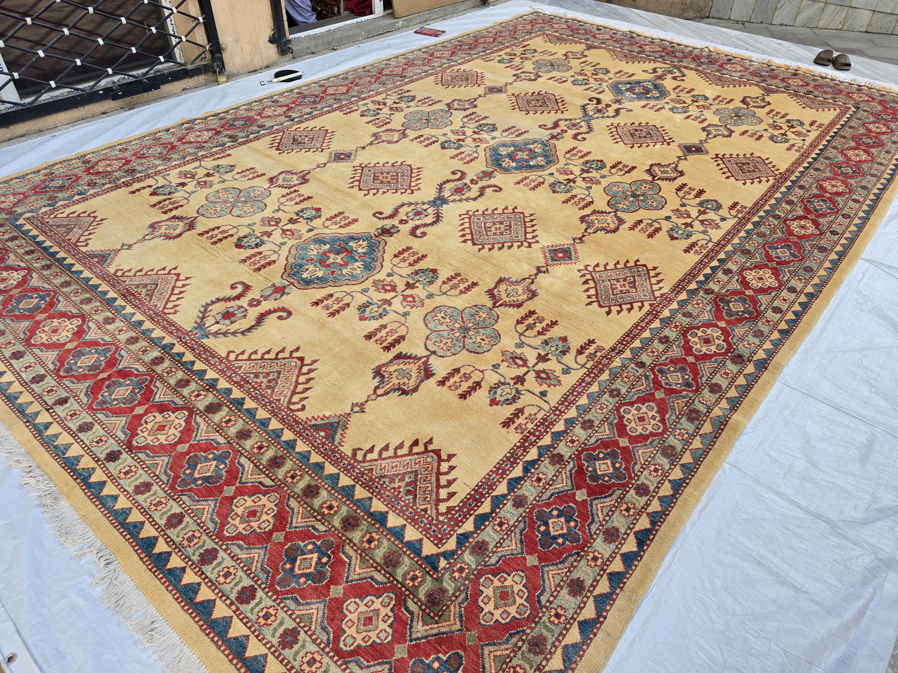 9x13ft Large Handmade Afghan Kazak Rug – Tribal Wool Carpet Red Blue Beige Colors – Turkmen Oriental Area Rug for Living Room Decor 386x285