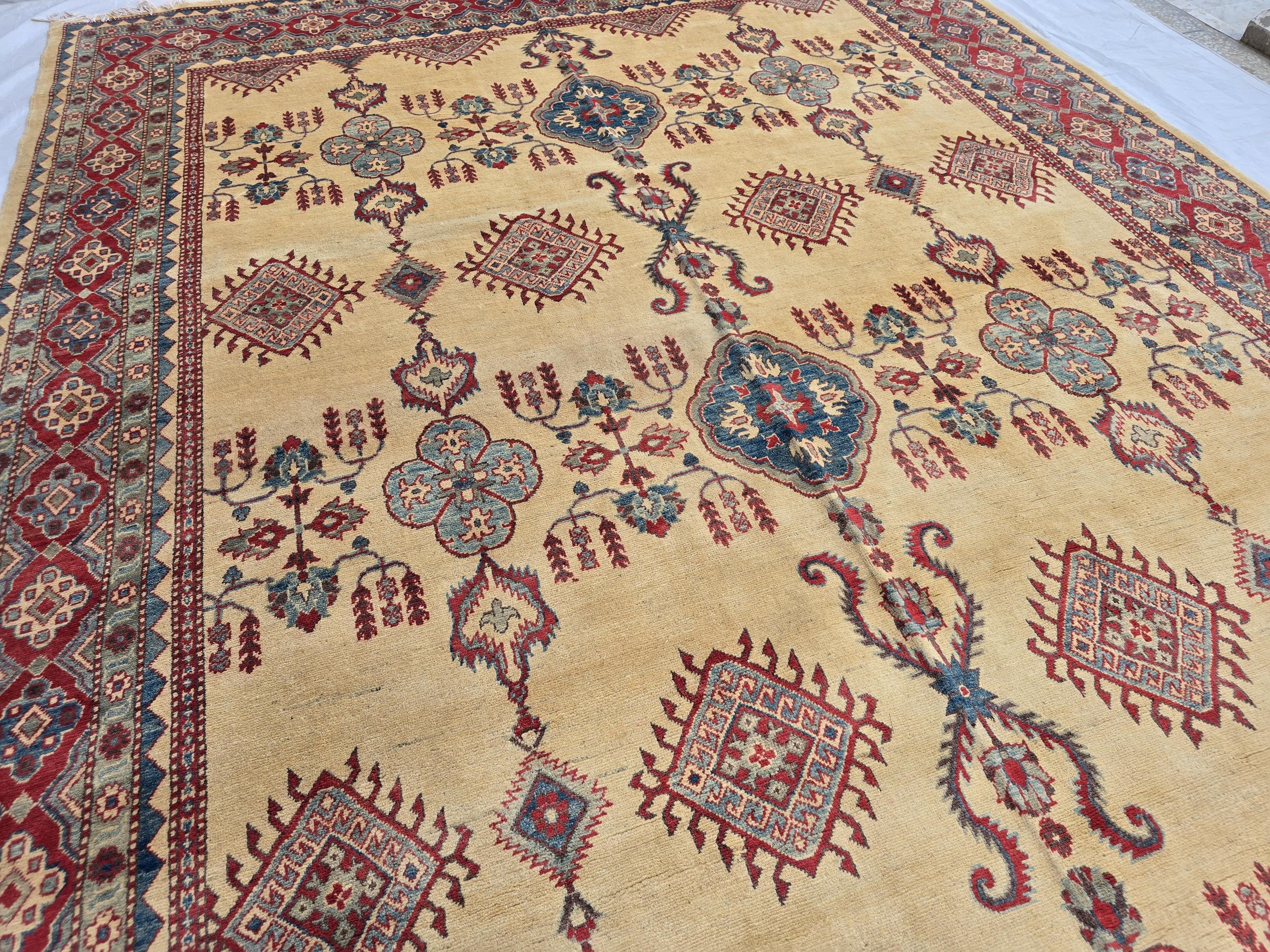 9x13ft Large Handmade Afghan Kazak Rug – Tribal Wool Carpet Red Blue Beige Colors – Turkmen Oriental Area Rug for Living Room Decor 386x285