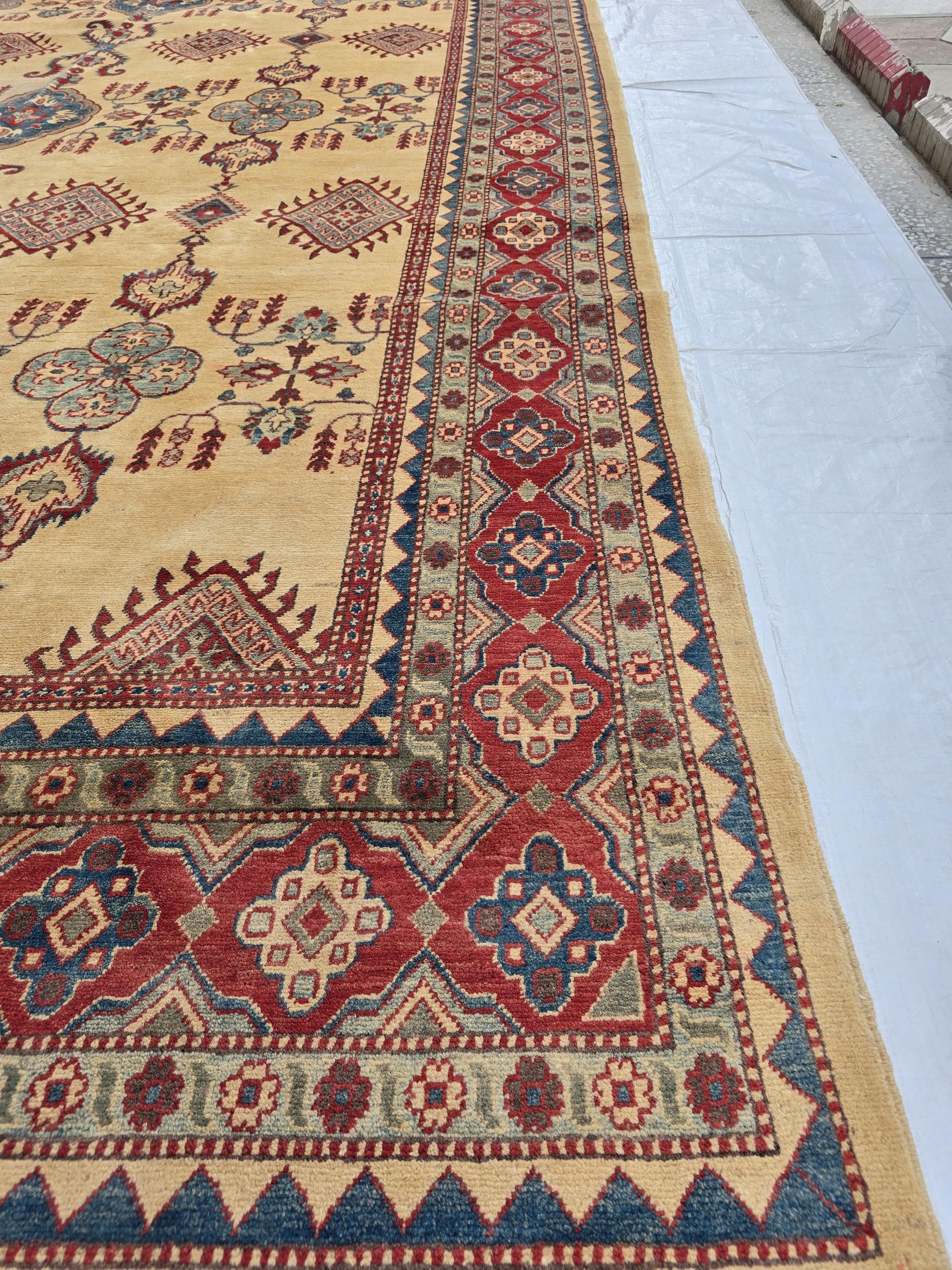 9x13ft Large Handmade Afghan Kazak Rug – Tribal Wool Carpet Red Blue Beige Colors – Turkmen Oriental Area Rug for Living Room Decor 386x285