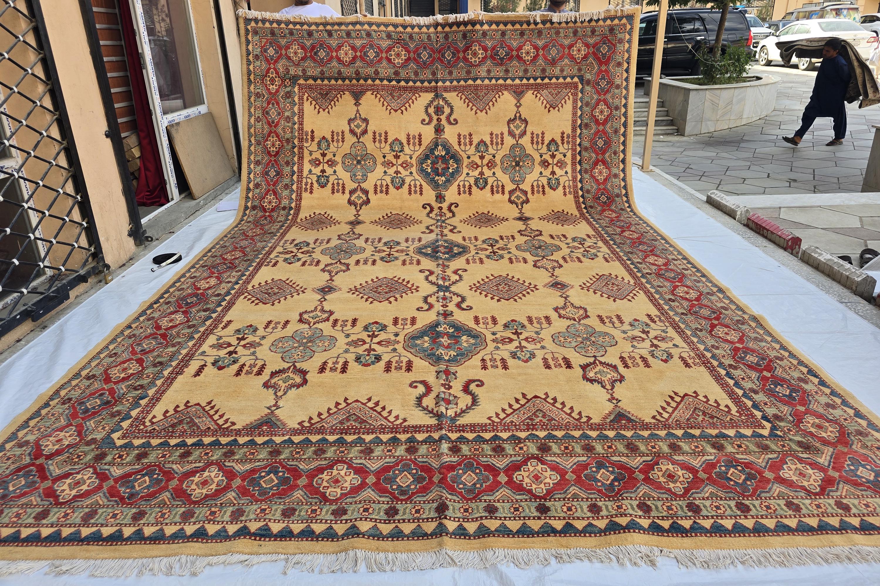 9x13ft Large Handmade Afghan Kazak Rug – Tribal Wool Carpet Red Blue Beige Colors – Turkmen Oriental Area Rug for Living Room Decor 386x285
