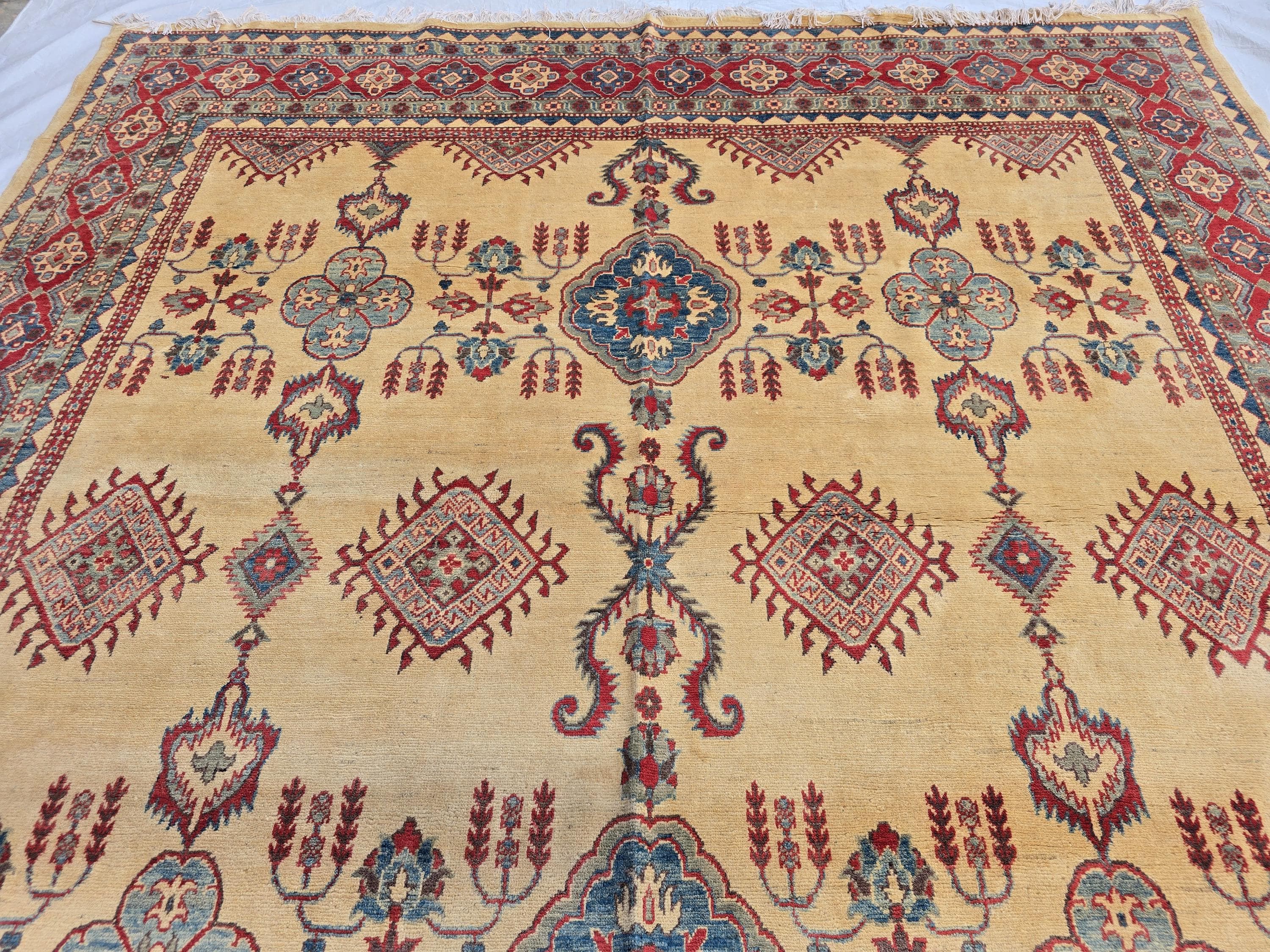 9x13ft Large Handmade Afghan Kazak Rug – Tribal Wool Carpet Red Blue Beige Colors – Turkmen Oriental Area Rug for Living Room Decor 386x285