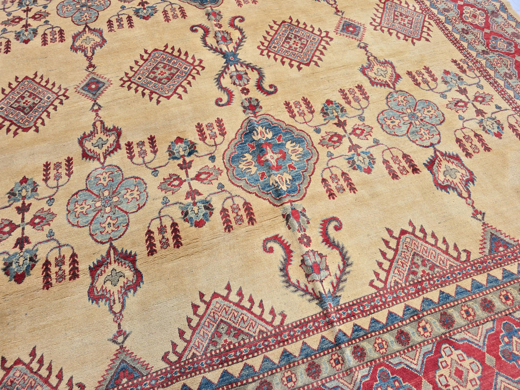 9x13ft Large Handmade Afghan Kazak Rug – Tribal Wool Carpet Red Blue Beige Colors – Turkmen Oriental Area Rug for Living Room Decor 386x285