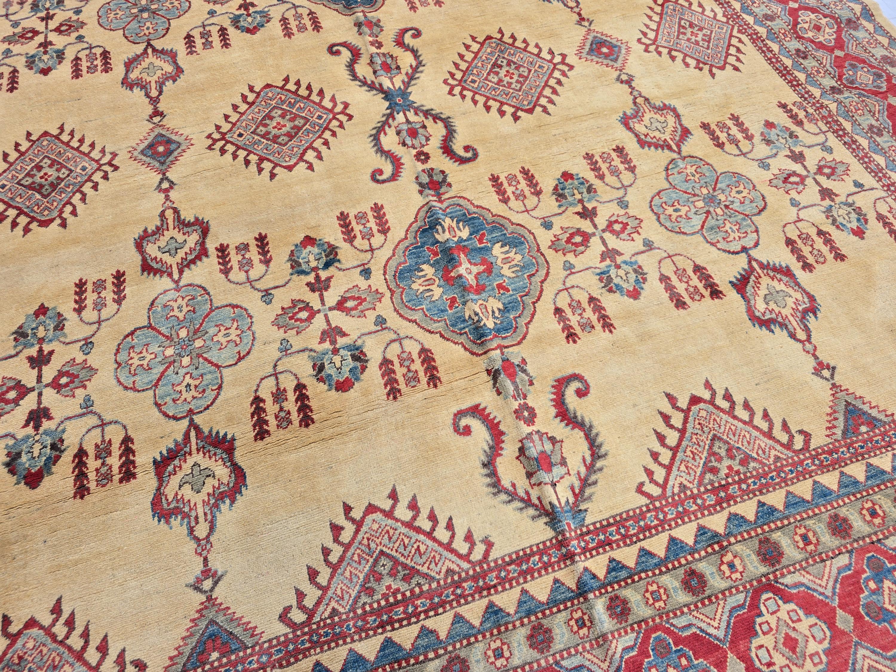 9x13ft Large Handmade Afghan Kazak Rug – Tribal Wool Carpet Red Blue Beige Colors – Turkmen Oriental Area Rug for Living Room Decor 386x285