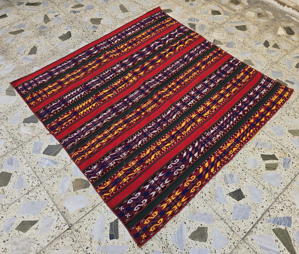 4'5x4'5 Square Kilim Afghan Handmade, Turkmen Geometric Wool Area Rug, Perfect for Dining Table, Living Room, Bedroom Rug 140x140