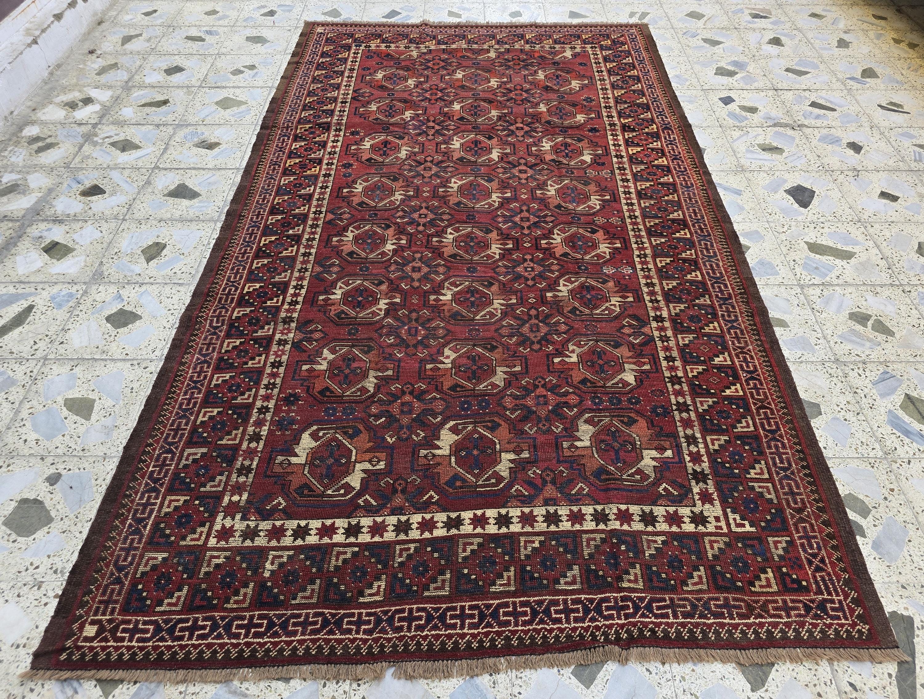 Antique Afghan Bukhara Rug – 100 Year Old Hand-Knotted Wool Rug 8x9ft – Tribal Red Vintage Oriental Carpet – Collectible Large Area Rug