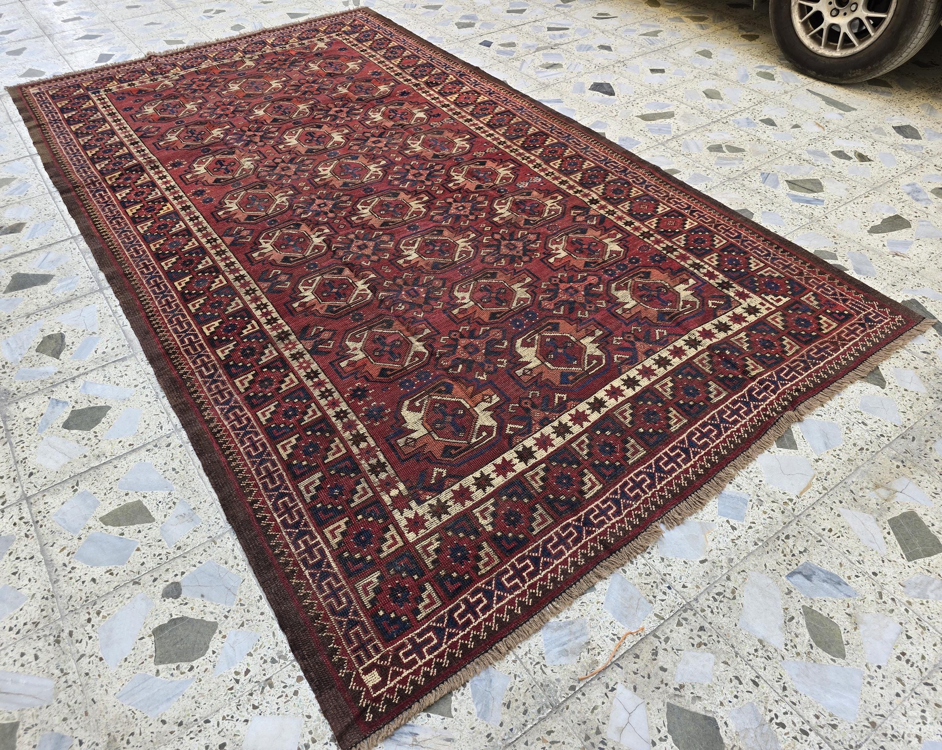 Antique Afghan Bukhara Rug – 100 Year Old Hand-Knotted Wool Rug 8x9ft – Tribal Red Vintage Oriental Carpet – Collectible Large Area Rug
