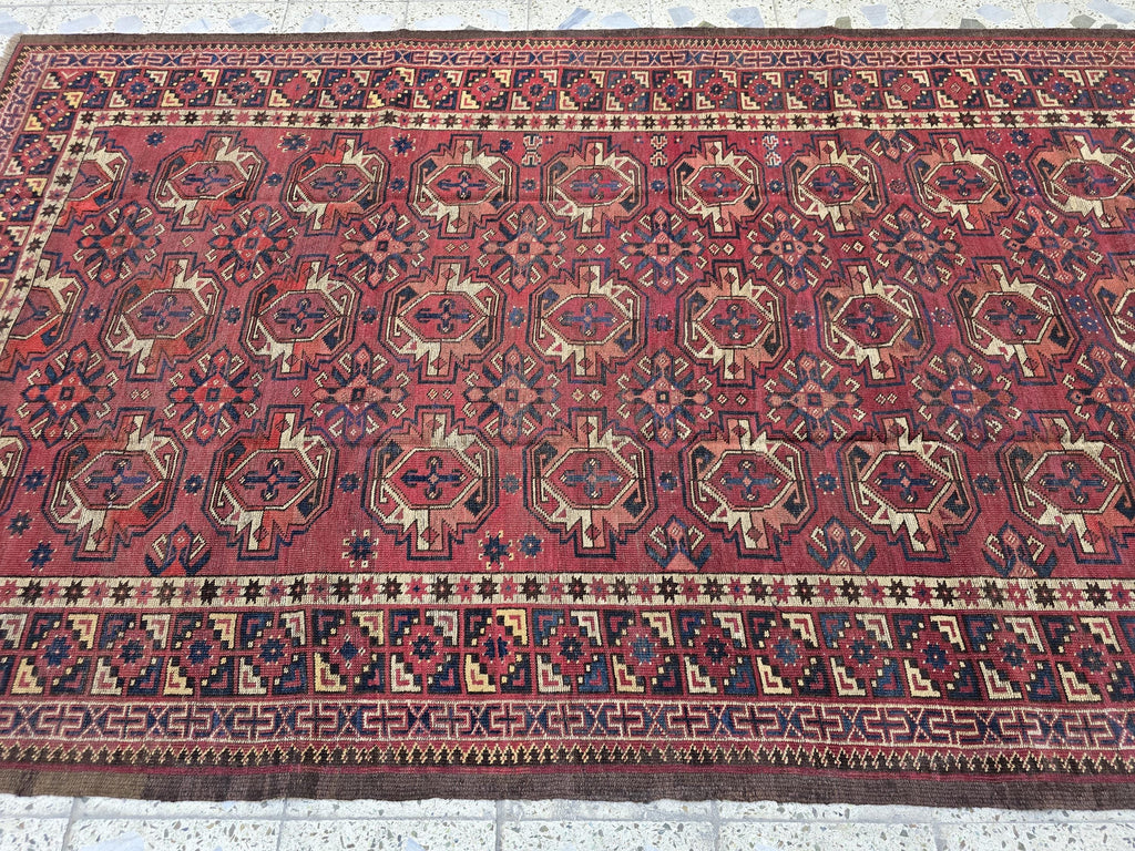 Antique Afghan Bukhara Rug – 100 Year Old Hand-Knotted Wool Rug 8x9ft – Tribal Red Vintage Oriental Carpet – Collectible Large Area Rug