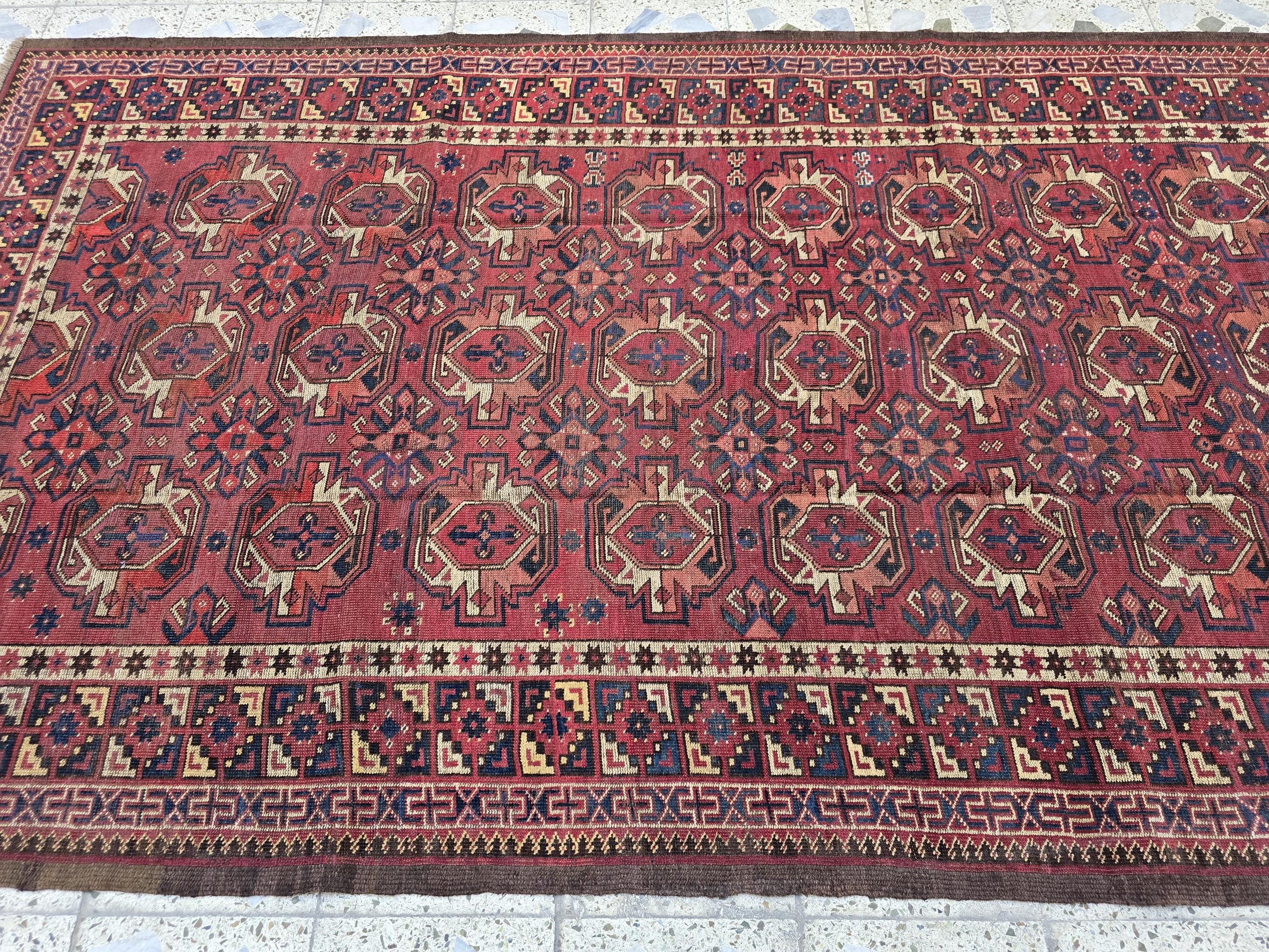 Antique Afghan Bukhara Rug – 100 Year Old Hand-Knotted Wool Rug 8x9ft – Tribal Red Vintage Oriental Carpet – Collectible Large Area Rug