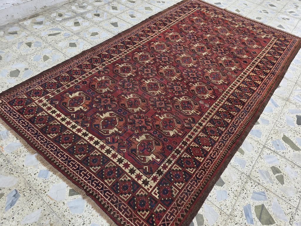 Antique Afghan Bukhara Rug – 100 Year Old Hand-Knotted Wool Rug 8x9ft – Tribal Red Vintage Oriental Carpet – Collectible Large Area Rug