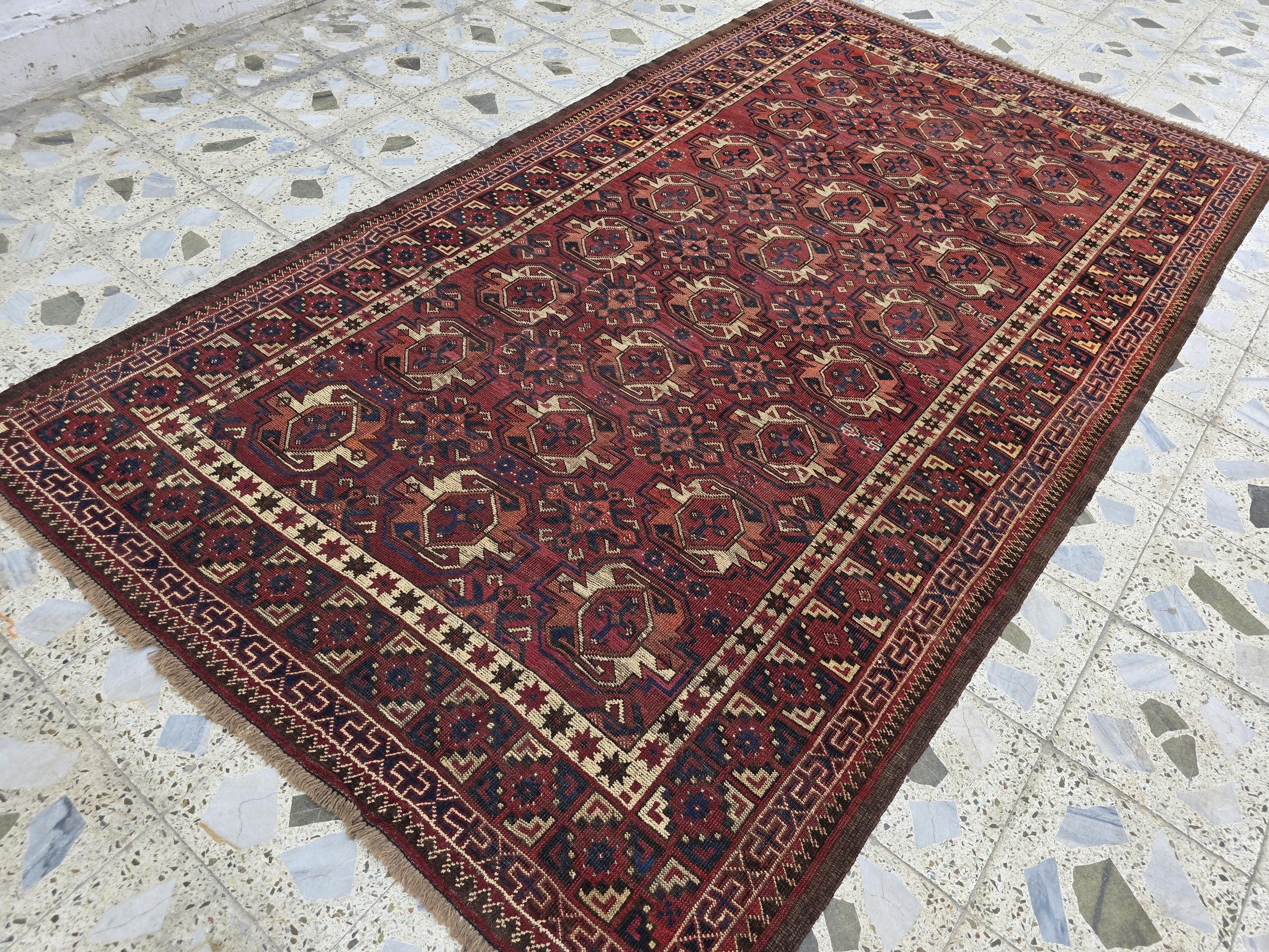 Antique Afghan Bukhara Rug – 100 Year Old Hand-Knotted Wool Rug 8x9ft – Tribal Red Vintage Oriental Carpet – Collectible Large Area Rug