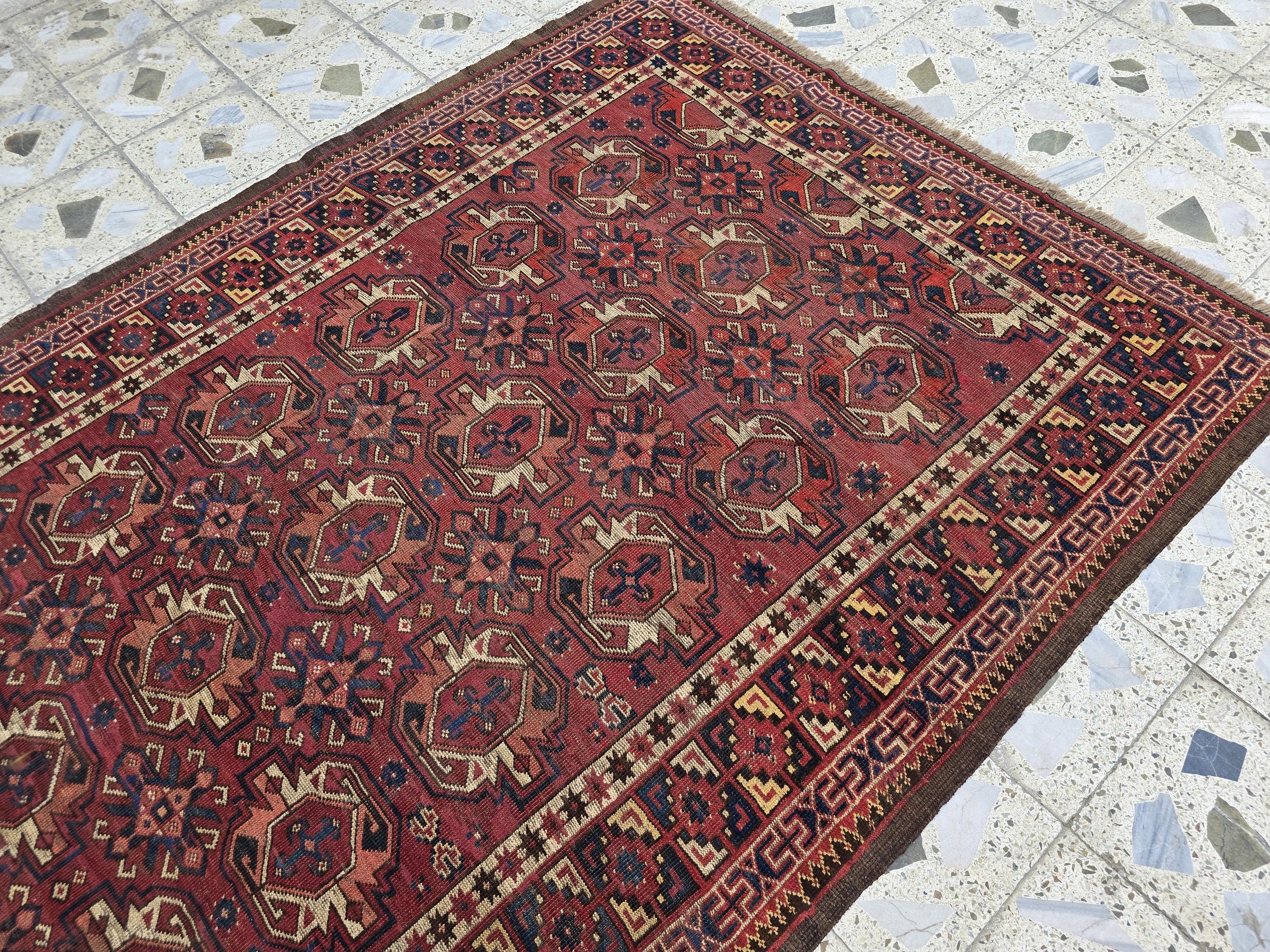 Antique Afghan Bukhara Rug – 100 Year Old Hand-Knotted Wool Rug 8x9ft – Tribal Red Vintage Oriental Carpet – Collectible Large Area Rug