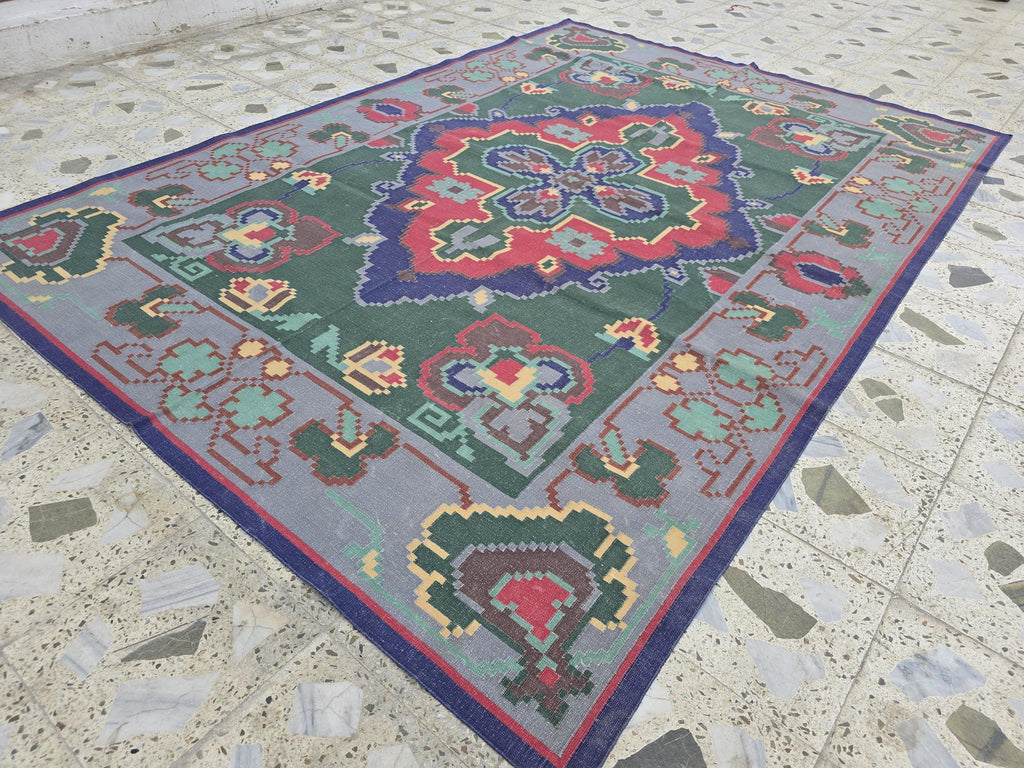 6.2x8.8ft Afghan Handmade Satranji Rug, Turkmen Geometric Rug, Green and Red Rug, Rug for Living Room, Bedroom