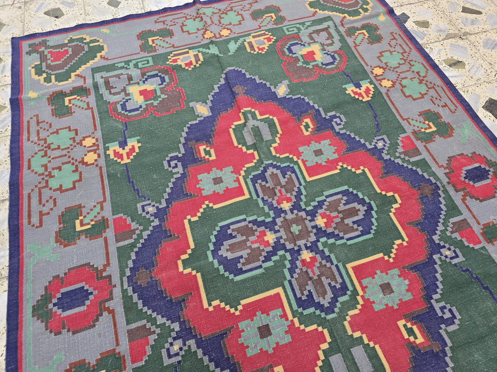 6.2x8.8ft Afghan Handmade Satranji Rug, Turkmen Geometric Rug, Green and Red Rug, Rug for Living Room, Bedroom