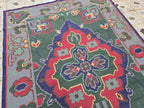 6.2x8.8ft Afghan Handmade Satranji Rug, Turkmen Geometric Rug, Green and Red Rug, Rug for Living Room, Bedroom