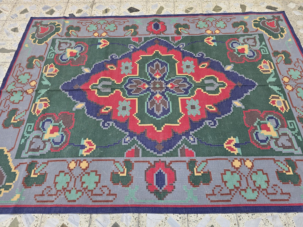 6.2x8.8ft Afghan Handmade Satranji Rug, Turkmen Geometric Rug, Green and Red Rug, Rug for Living Room, Bedroom