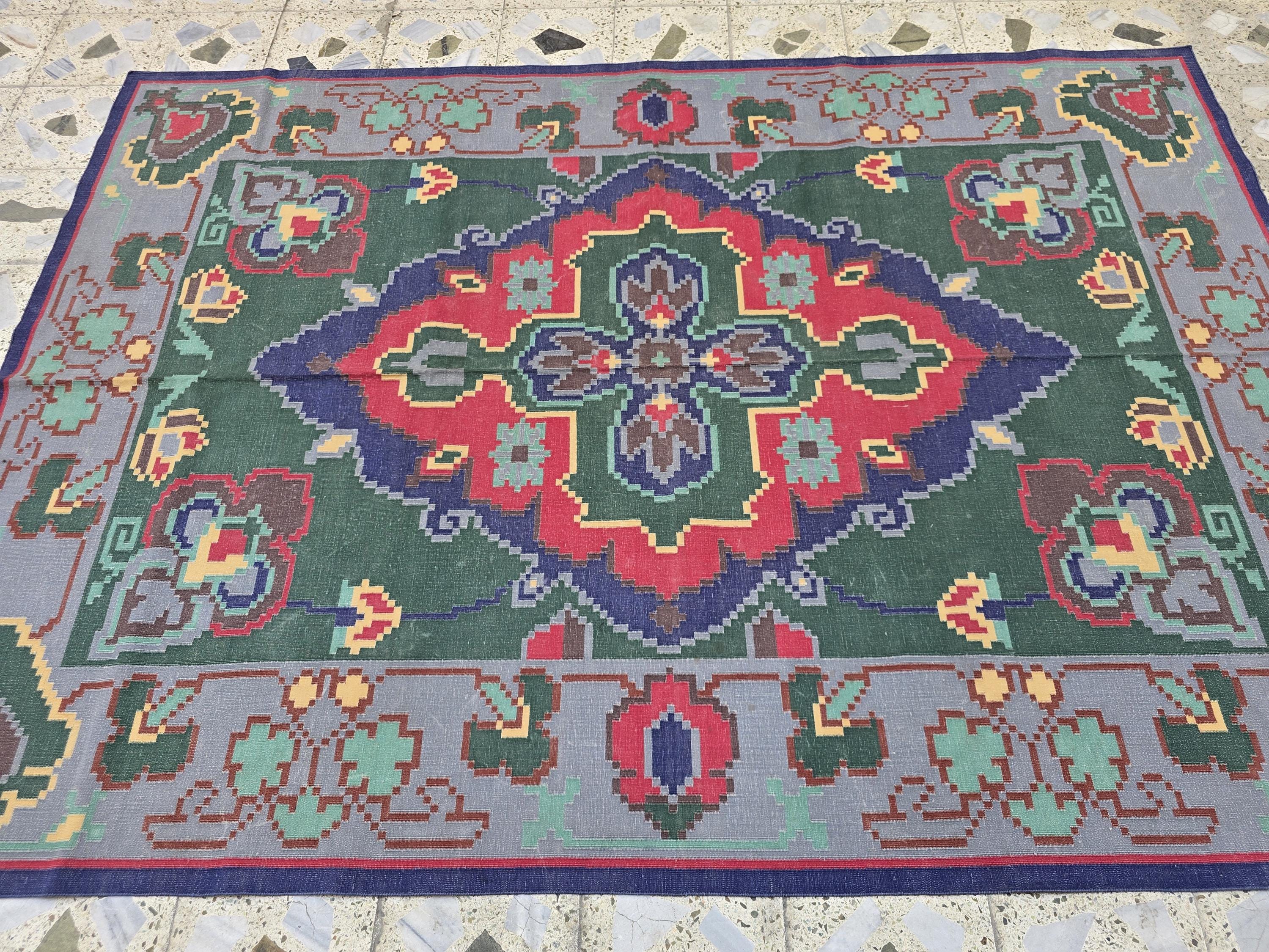 6.2x8.8ft Afghan Handmade Satranji Rug, Turkmen Geometric Rug, Green and Red Rug, Rug for Living Room, Bedroom