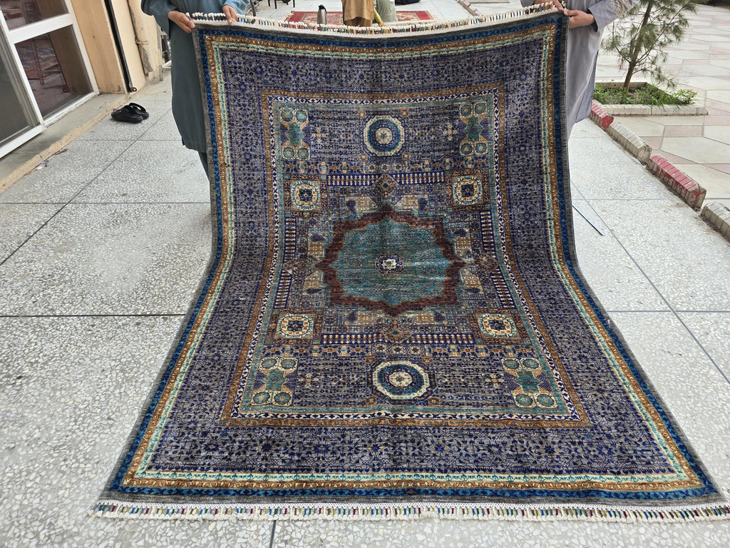 Modern Mamluk Rug 6.6x5.7 ft – Handwoven Afghan Carpet | Blue, Teal, Rust & Beige Oriental Design | Handmade Wool Area Rug 203 x 174cm19
