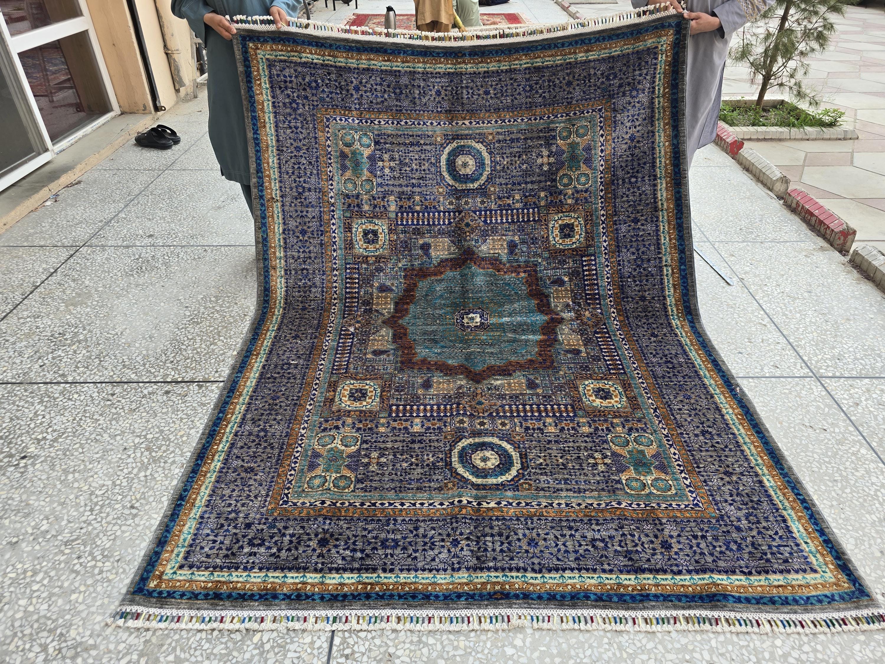 Modern Mamluk Rug 6.6x5.7 ft – Handwoven Afghan Carpet | Blue, Teal, Rust & Beige Oriental Design | Handmade Wool Area Rug 203 x 174cm19