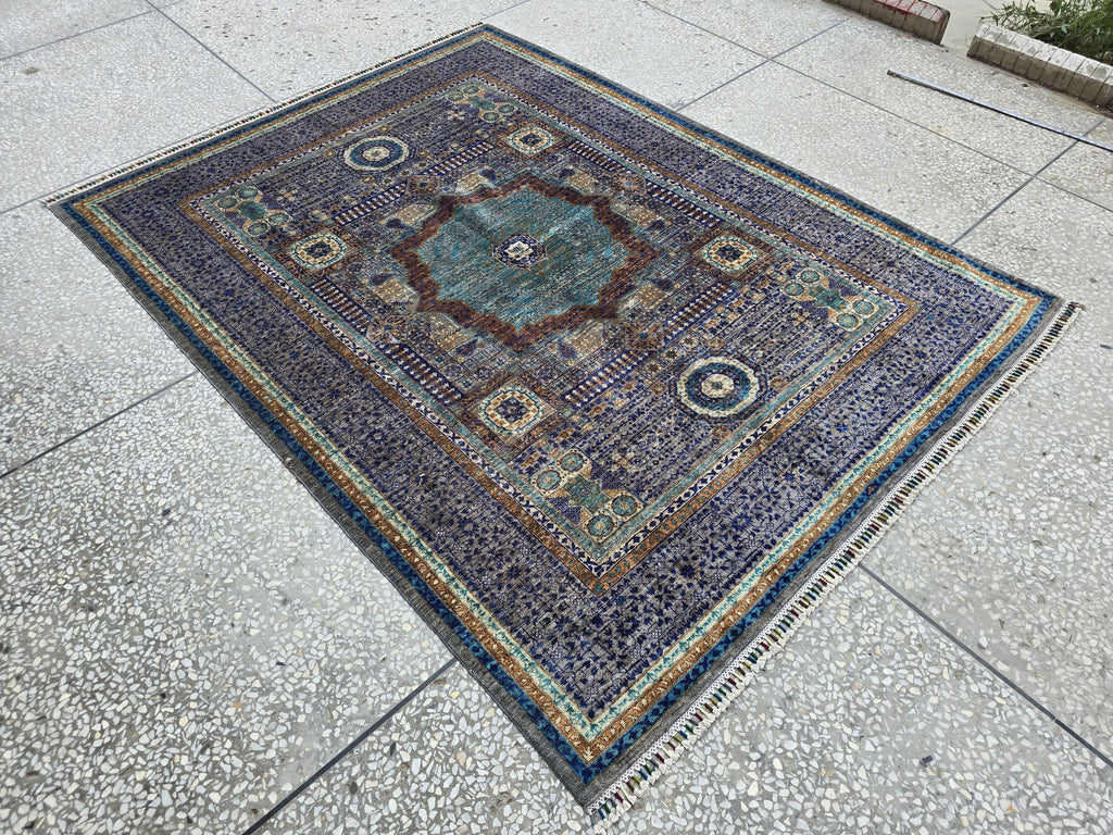 Modern Mamluk Rug 6.6x5.7 ft – Handwoven Afghan Carpet | Blue, Teal, Rust & Beige Oriental Design | Handmade Wool Area Rug 203 x 174cm19